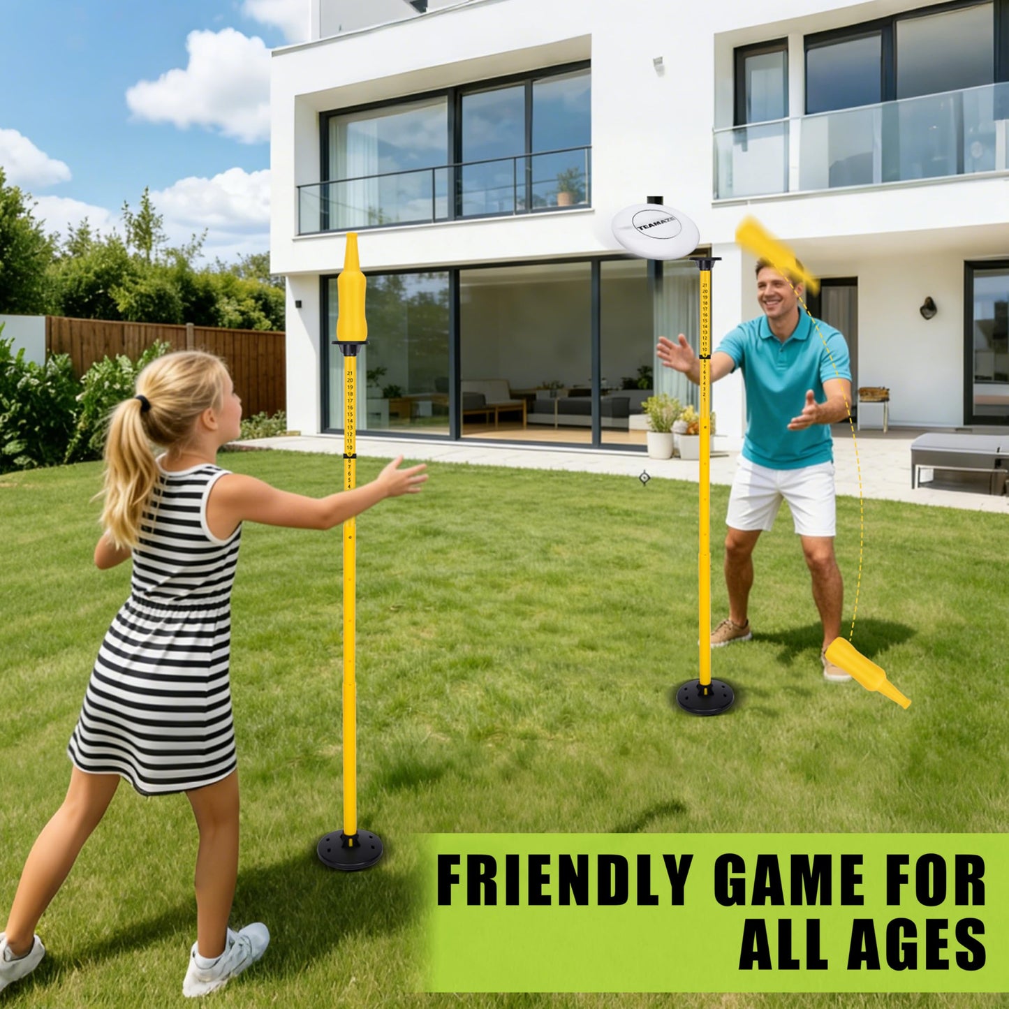 Teamaze Flying Disc Game Set with Height-Adjustable Poles & Score Tracker, Outdoor Bottle Toss Game for Beach, Lawn, Camping, Polish Horseshoes Set for Family & Friends Party Games