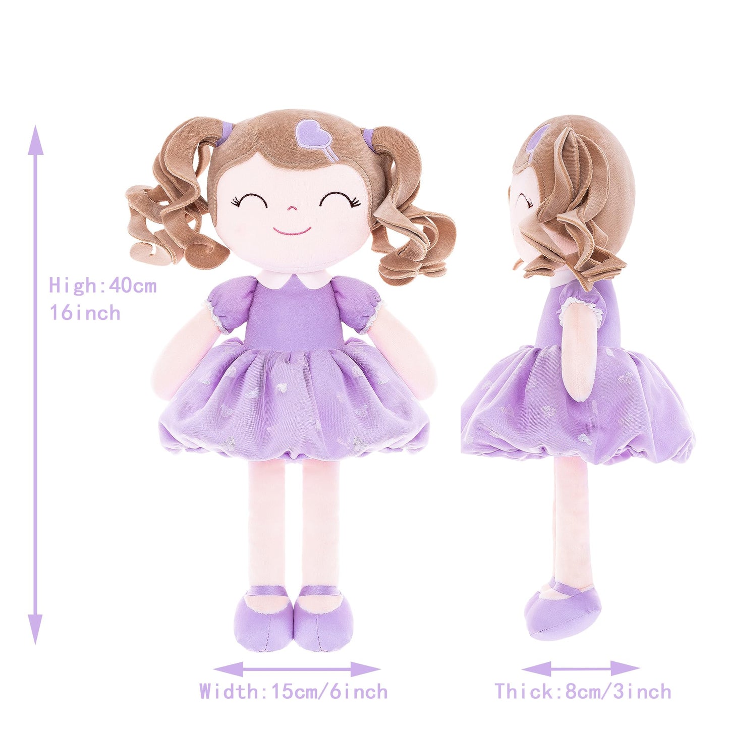 Gloveleya Baby Doll Gifts Plush Curly Girl Toys with Love Purple Light Skin