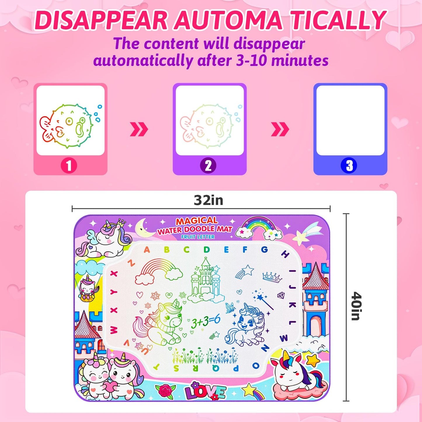 Water Doodle Mat,40 x 32 Inch Large Drawing Mat with Backpack,Educational Toys Gifts for Kids Boys Girls,Mess Free Painting for Toddlers Age 2 3 4 5 6 7 8 Year Old