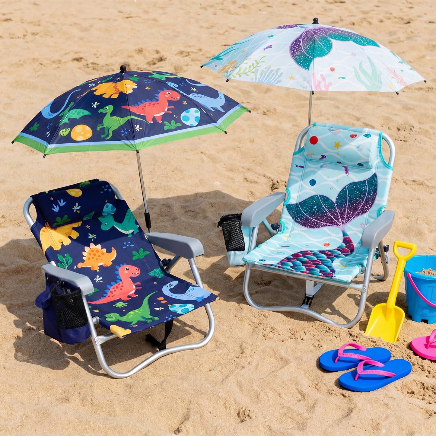 Yalikop Kids Beach Chair with 4 Positions Seaside Beach Chair with Umbrella Kids Folding Camping Seating for Boy Girls Children Sand Camping Travel Outdoor Summer Supply(Dinosaur Theme)