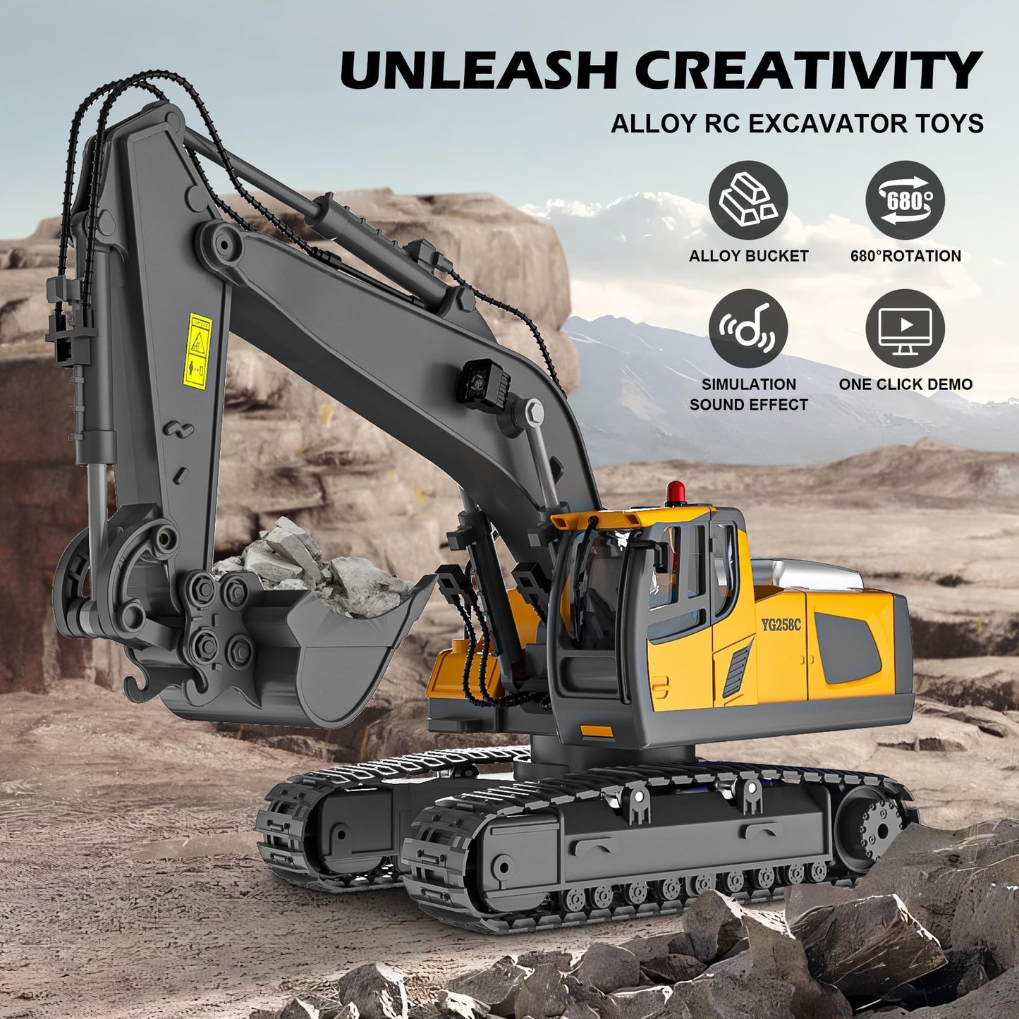 ADTHLIER Remote Control Excavator (11-Channel), Dump Truck, Bulldozer, Loader (9-Channel), 2.4GHz Remote Control Construction Vehicles, Metal Construction, with Cool Lights and Sound Effects, 4-Pcs