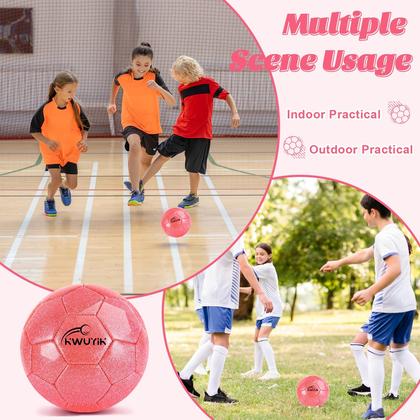 OKWUYiK Size 5 Glitter Pink Soccer Ball Set with Pump Soccer Ball for Youth Adults Training Toddler Soft Sports Outdoor Training for Back to School Kit Sports Toddler Gift