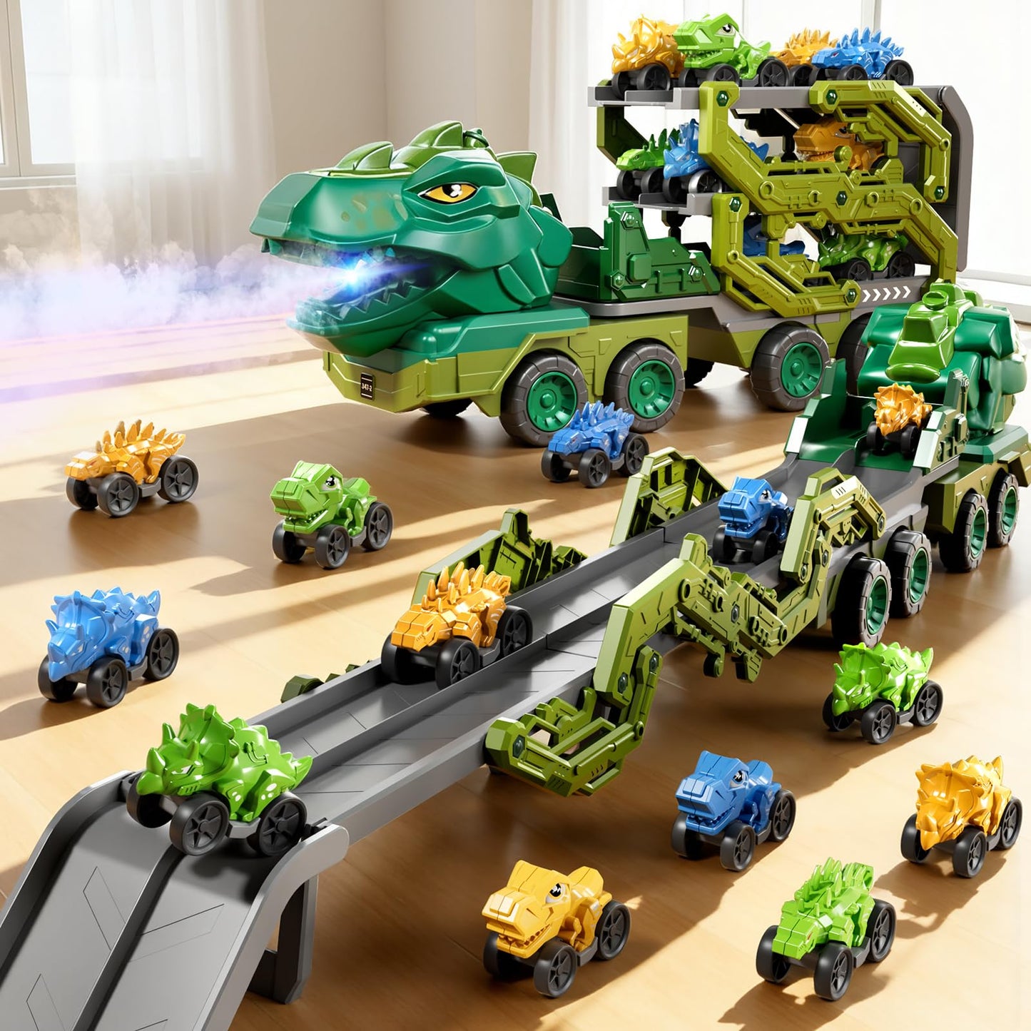 PEADUCK Toddler Car Truck Toys for Kids Ages 3-5, 10-in-1 Dinosaur Carrier Truck with Foldable Track Toys with Spray, Light & Sounds and 9 Dino Cars, Birthday Gift for 3 4 5 6 7 8 Years Old Boys Girls