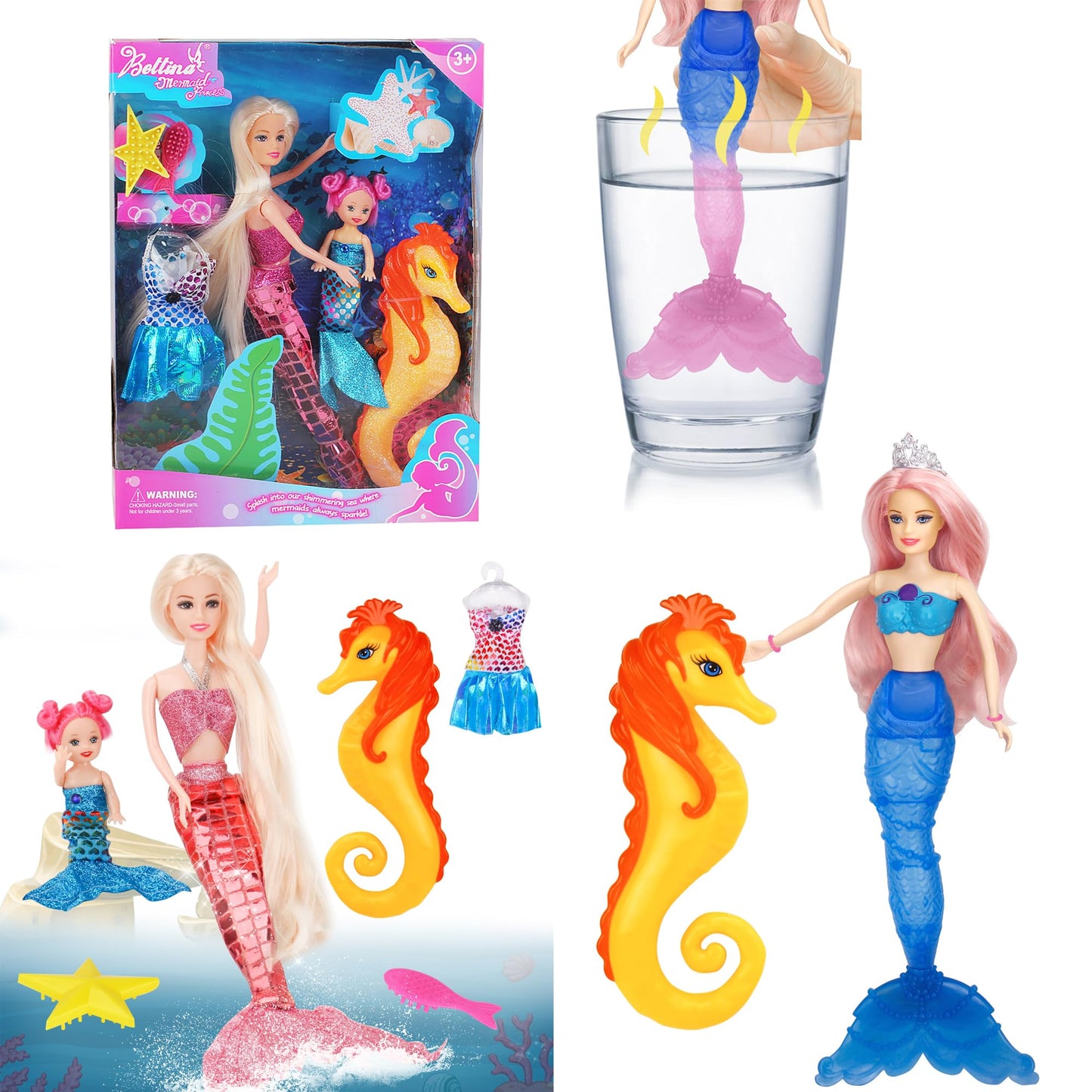 BETTINA Princess Doll with Seahorse Play Gift Set | Magic Color Changing Mermaid Doll, Princess Mermaid Toy with Seahorse & Dolls Accessories