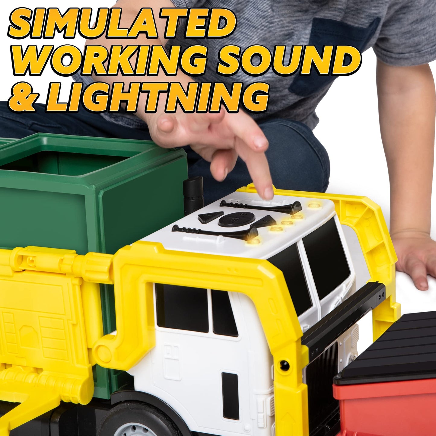 JOYIN Large Friction Powered Garbage Truck Toy Set, Includes 1 Dumpster, 3 Trash Bins, and 30 Learning Cards for Kids, Boy Toys Birthday Gift, Green