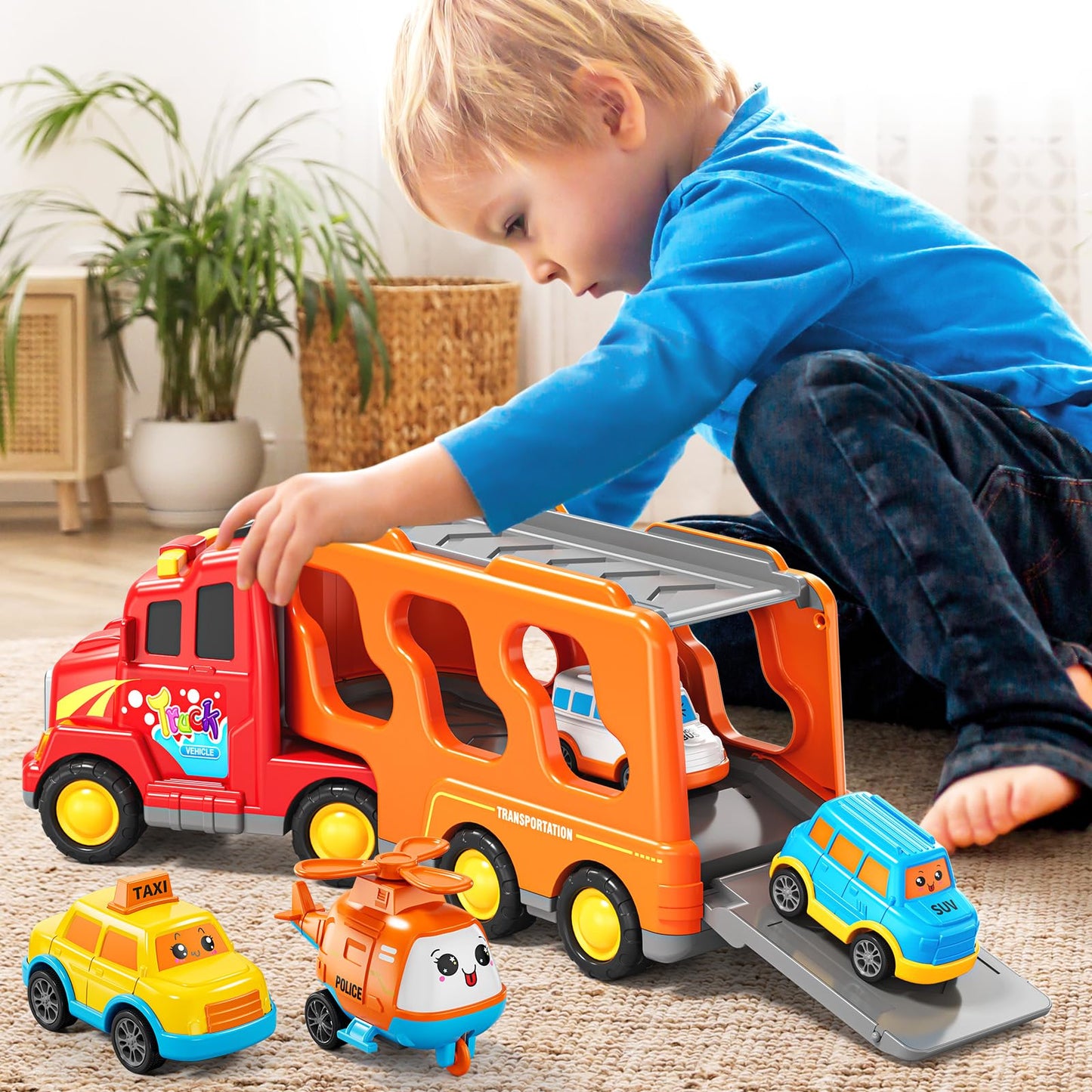 KIZONLY Trucks for Toddlers 3-4 Years, Toys for 3 4 5 6 7 Years Old Boy, 5 in 1 Carrier Transport Truck Vehicle Toy Set with Sound and Light, Christmas Birthday Gift for Kids 3 4 5 6 Years Old