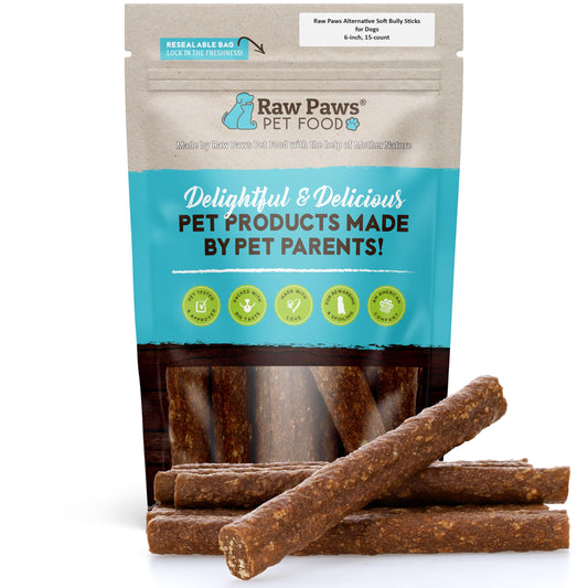 Raw Paws Alternative Soft Bully Sticks for Dogs, 6-Inch (15-Count) - Made in USA - Dog Chews Rawhide Free - Soft Dog Chews for Senior Dogs - Rawhide Free Treats - Puppy Teething