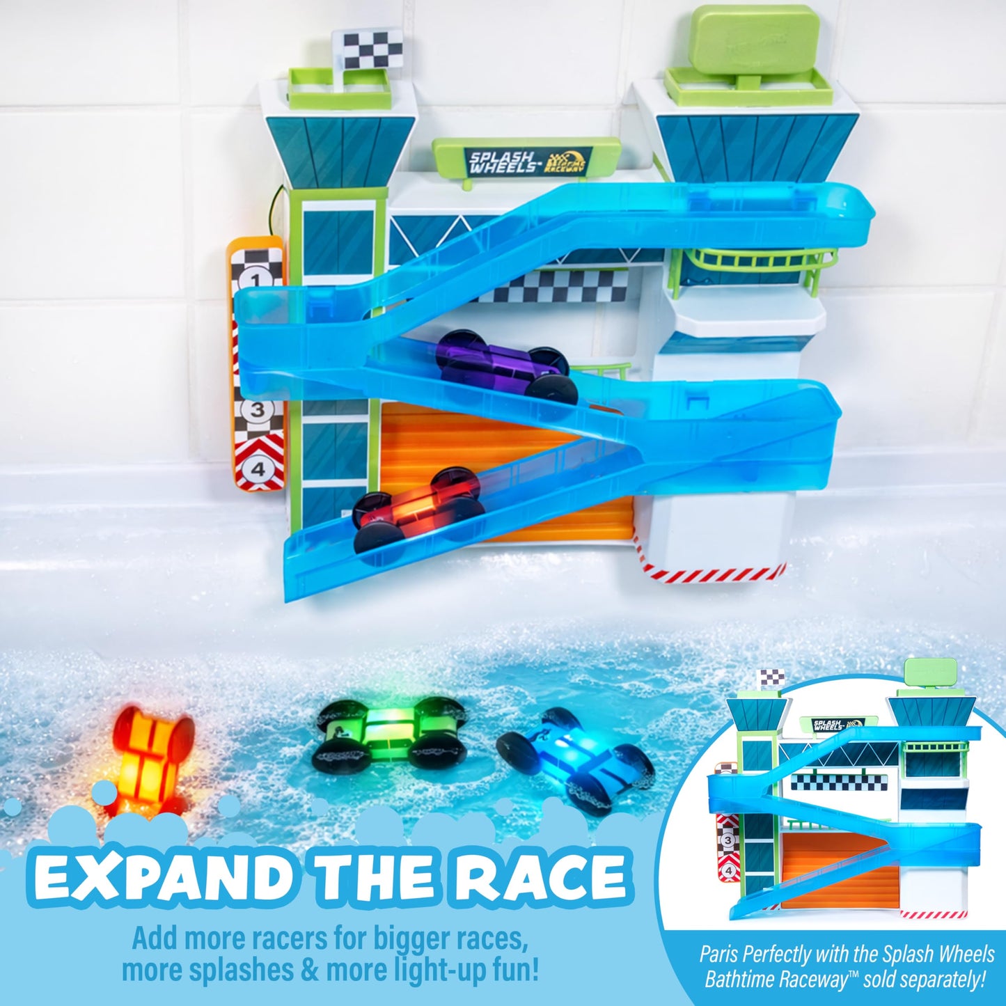 Tub Works® Splash Wheels™ Race Car Light Up Bath Toys, 3 Pack | Water-Activated Light Up Toys Flash & Change Color | Expansion Bath Cars for Bathtime Raceway Car Ramp | Fun Toddler & Kids Bath Toys