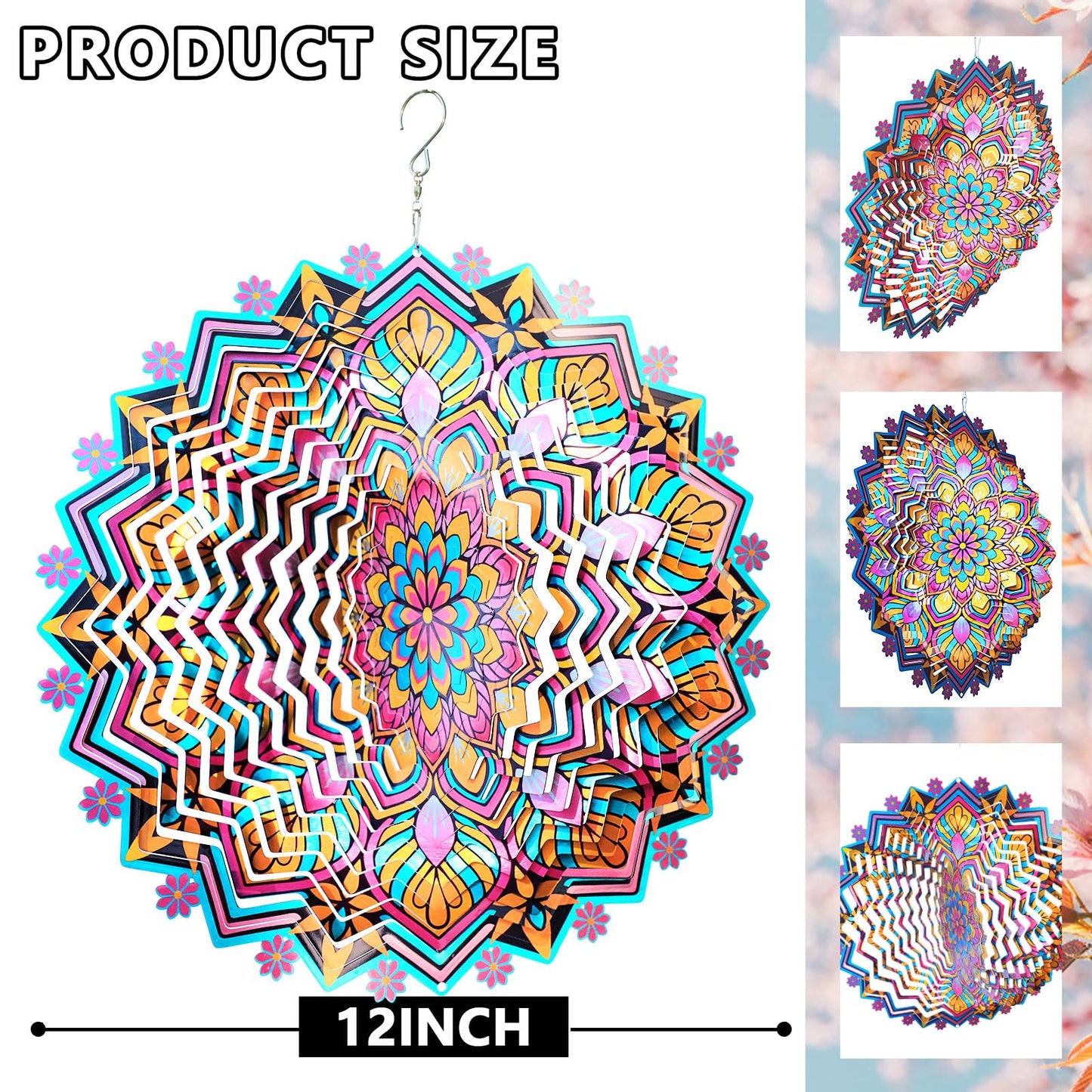 Goolyrusim Metal Wind Spinner - Mandala Lotus Wind Spinners, 12inch Kinetic 3D Hanging Wind Sculptures, Indoor/Outdoor Garden & Yard Art Decoration, Creative Gifts for Women Mom Grandma & Holidays