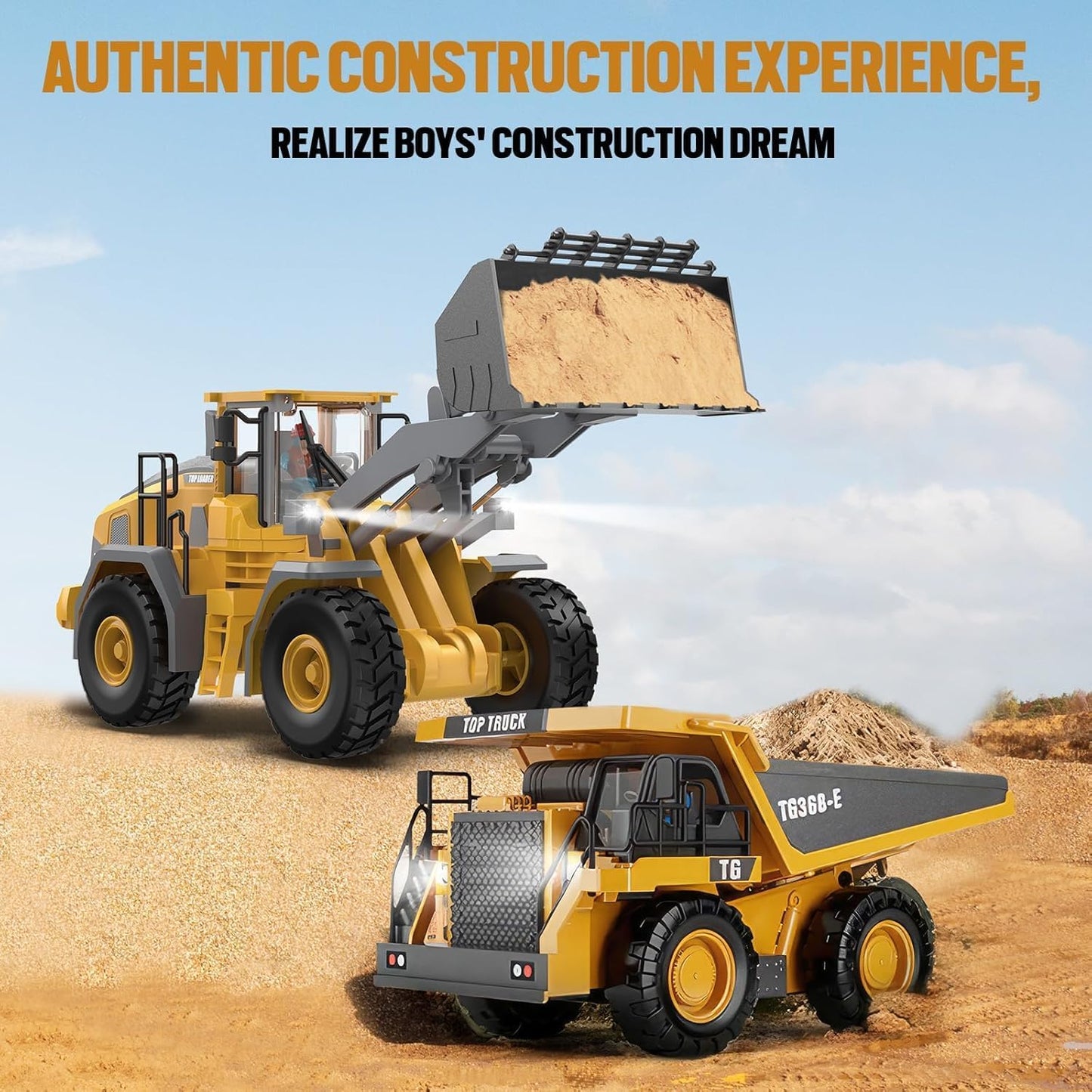 ADTHLIER Remote Control Excavator (11-Channel), Dump Truck, Bulldozer, Loader (9-Channel), 2.4GHz Remote Control Construction Vehicles, Metal Construction, with Cool Lights and Sound Effects, 4-Pcs
