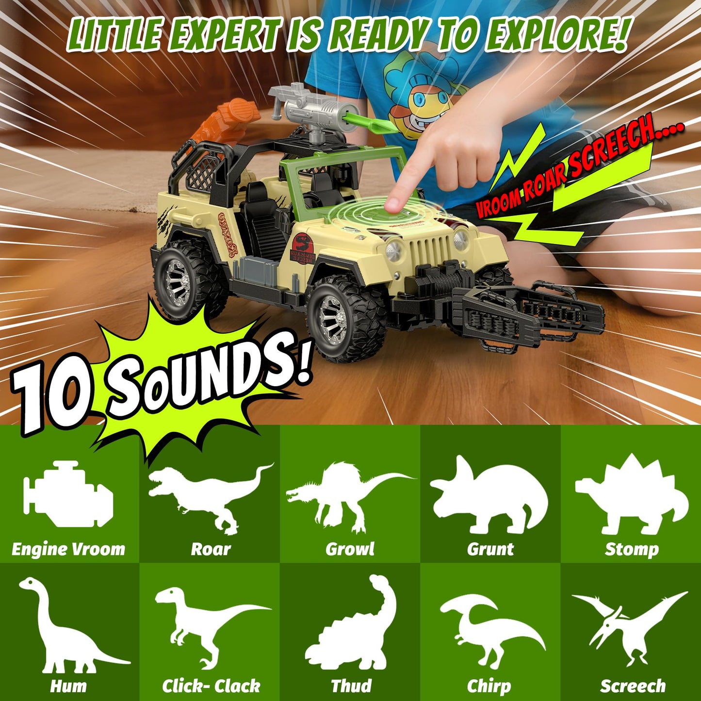 EKU Dinosaur Toys Truck with Human, 10 Realistic Sounds, 15ft Launch, Capture Net, Clamp, Wing Flapping Quetzalcoatlus Dino for Jurassic World Role Play Adventure Rescue Set Birthday Gift for Kids 3+