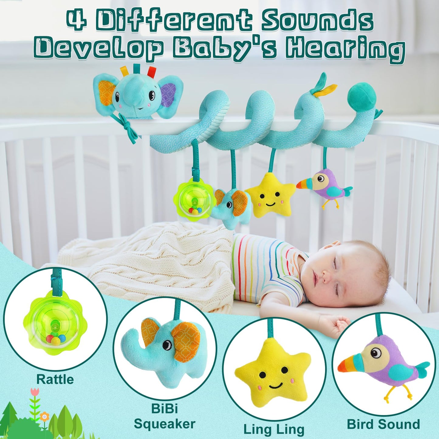 Spiral Car Seat Activity Toy, Stroller Arch Toy, Baby Crib Toys Hanging for Infant Boy Girl Ages 0-12 Months, Newborn Sensory Toy with Rattle, Squeaky, Ringing Bell for Bassinet, Stroller, Crib