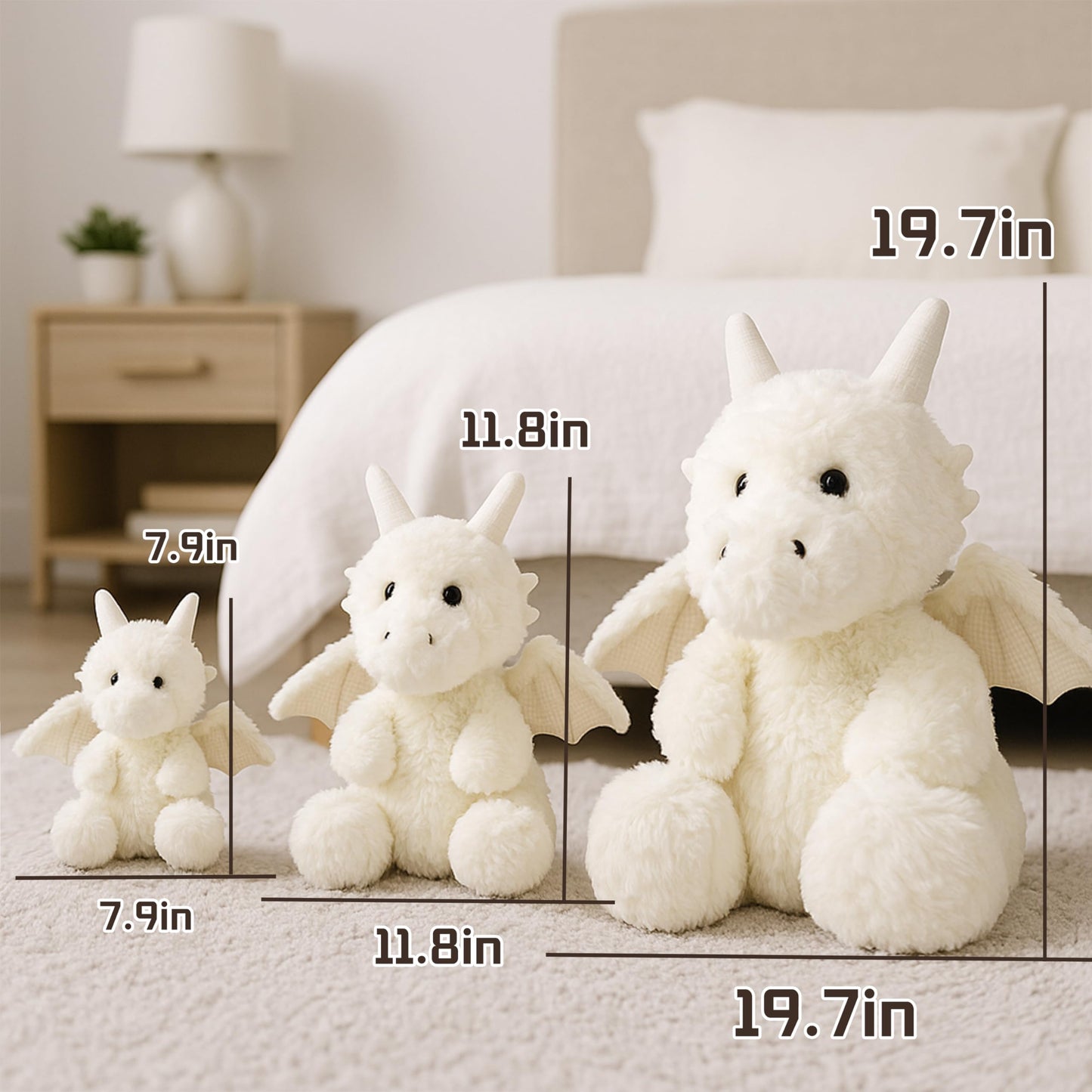 Soft Little Flying Dinosaur Stuffed Plush Pillow, Adorable White Dragon Plush Toy and Birthday Present for Kids, Adults and Collectors(White/11.8in)