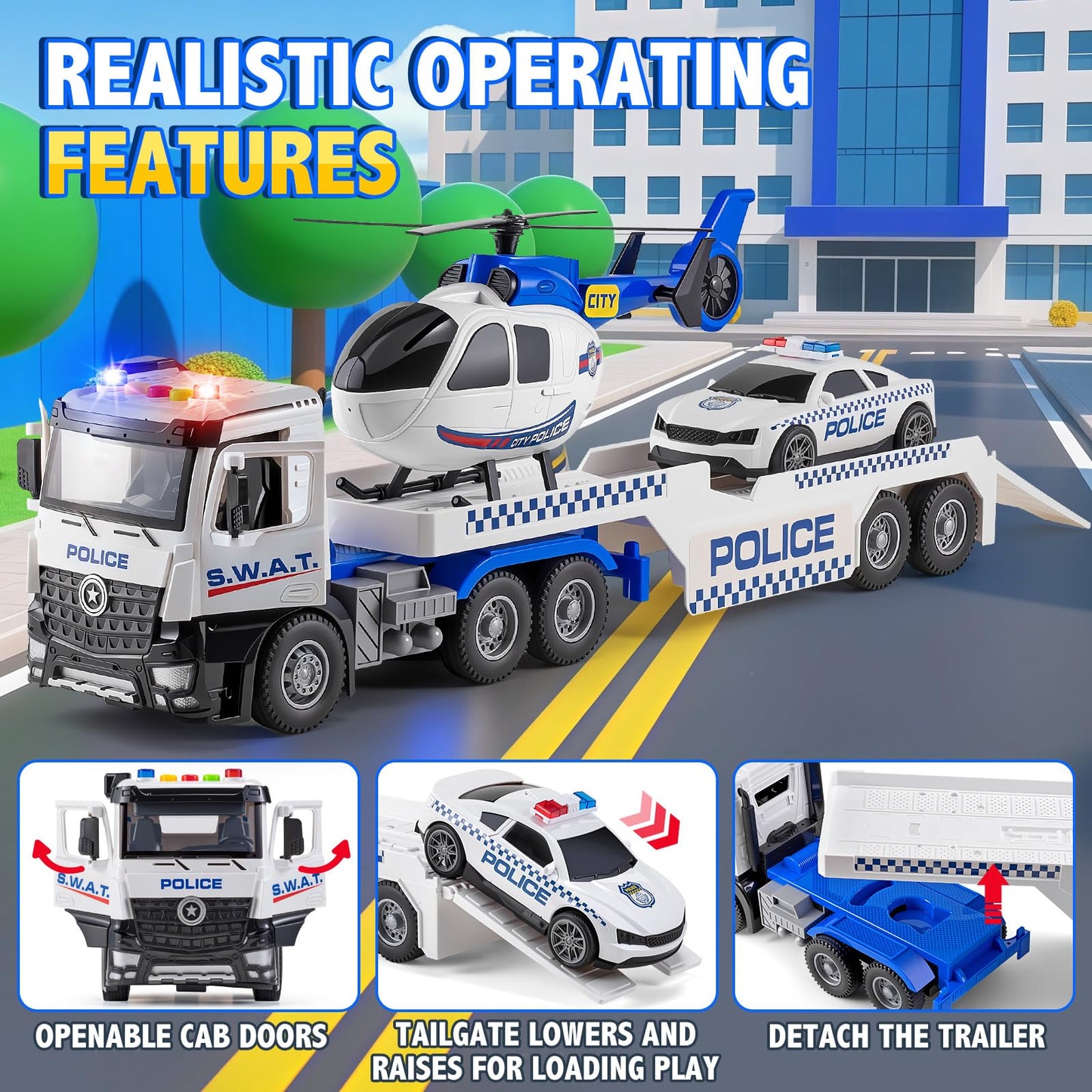 WEMOKA Police Truck Toys for Toddler Boy 3 4 5 6 Year Old, 22.5" Semi Truck Toy with Racing Car and Helicopter, Openable Doors, Realistic Sounds and Lights, Birthday Gifts for Kids Child