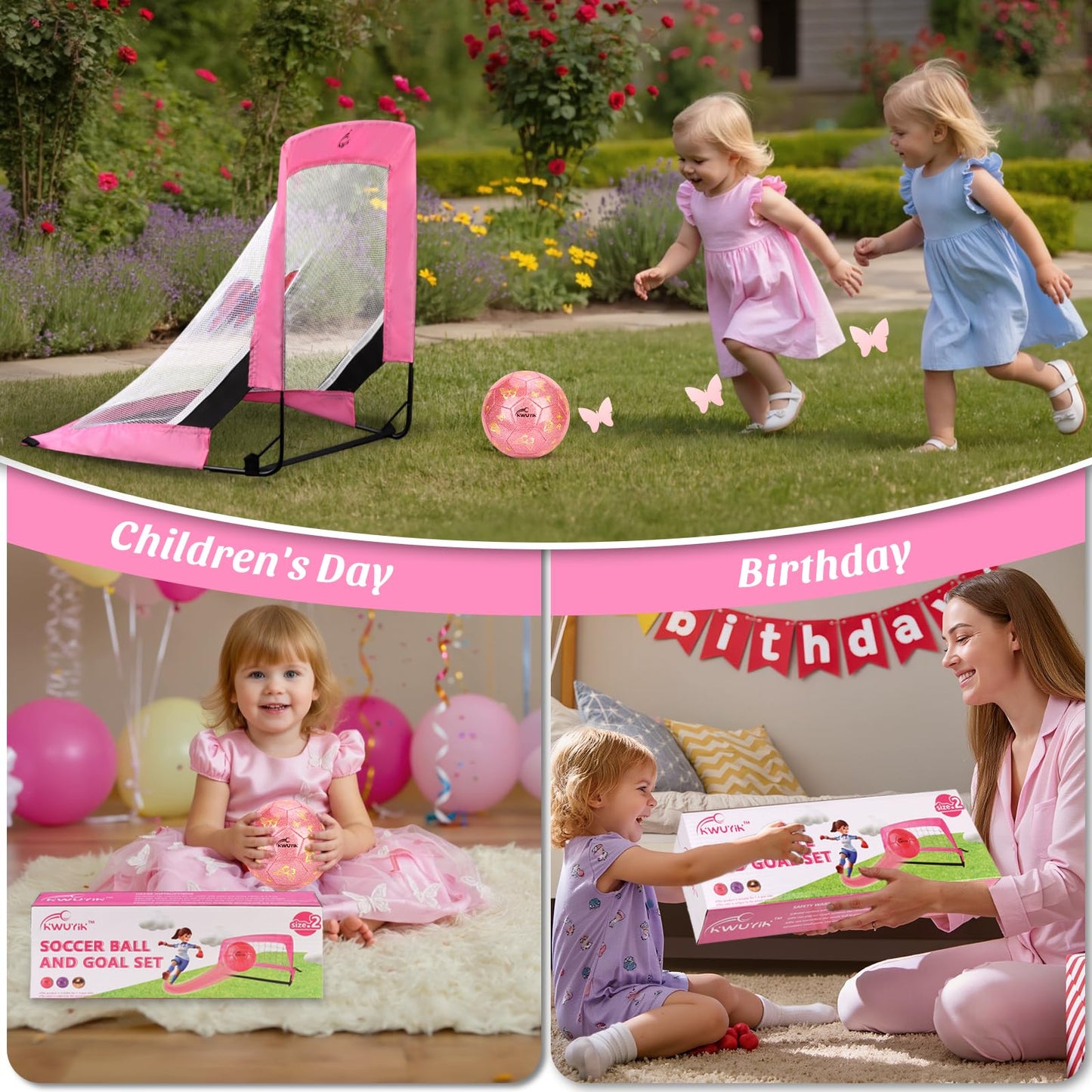 Kids Soccer Goal Set with Size 2 Pink Glitter Butterfly Soccer Ball and Pump 2x1.5ft Portable Butterfly Print Soccer Nets for Toddlers Ages 3-5 Indoor Outdoor Backyard Training Gift Boys Girls