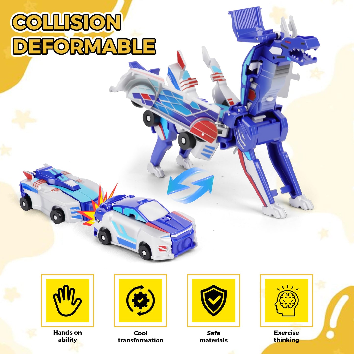 Dahom Collision Transforming Dinosaur Car Toy, 2 Magnetic Cars Transform into Dinosaur Toys for Kids, Boys, Girl, Toddler Fun Deformation Robot Unicorn Car Christmas Birthday Gift Toys (Blue-Dinosaur)