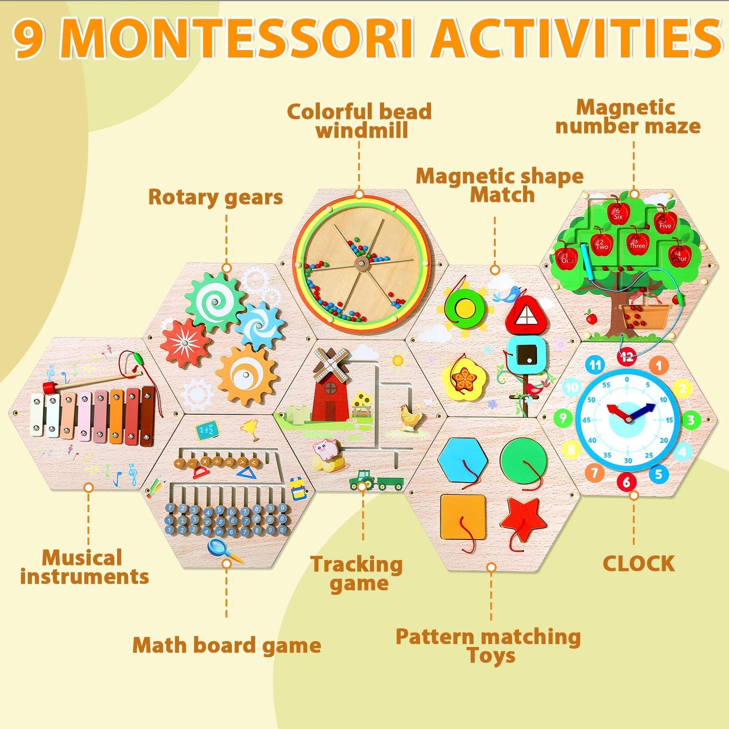 9Pcs Hexagon Activity Wall Busy Board Panels, Wooden Sensory Wall Panel for Kids, Montessori Learning Activity Center, Educational Toys for Toddler Playroom Daycare Nursery Classroom Birthday Gifts