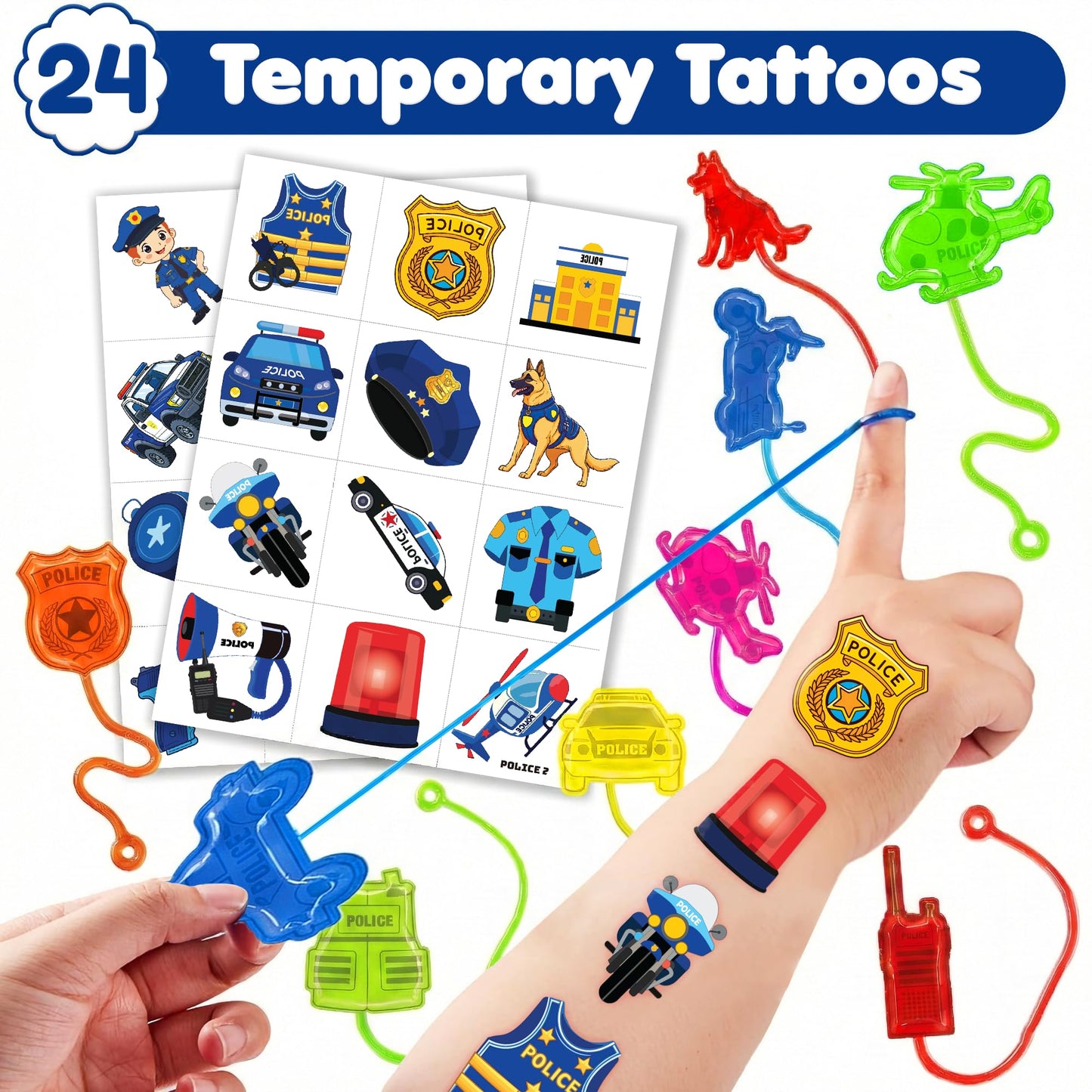 48PCS Police Party Favors - 24PCS Temporary Tattoos & 24PCS Stick Hands Party - Perfect Birthday Party Supplies, Goodie Bag Stuffers, Treasure Box Toys, Classroom Prizes, and Student Gifts