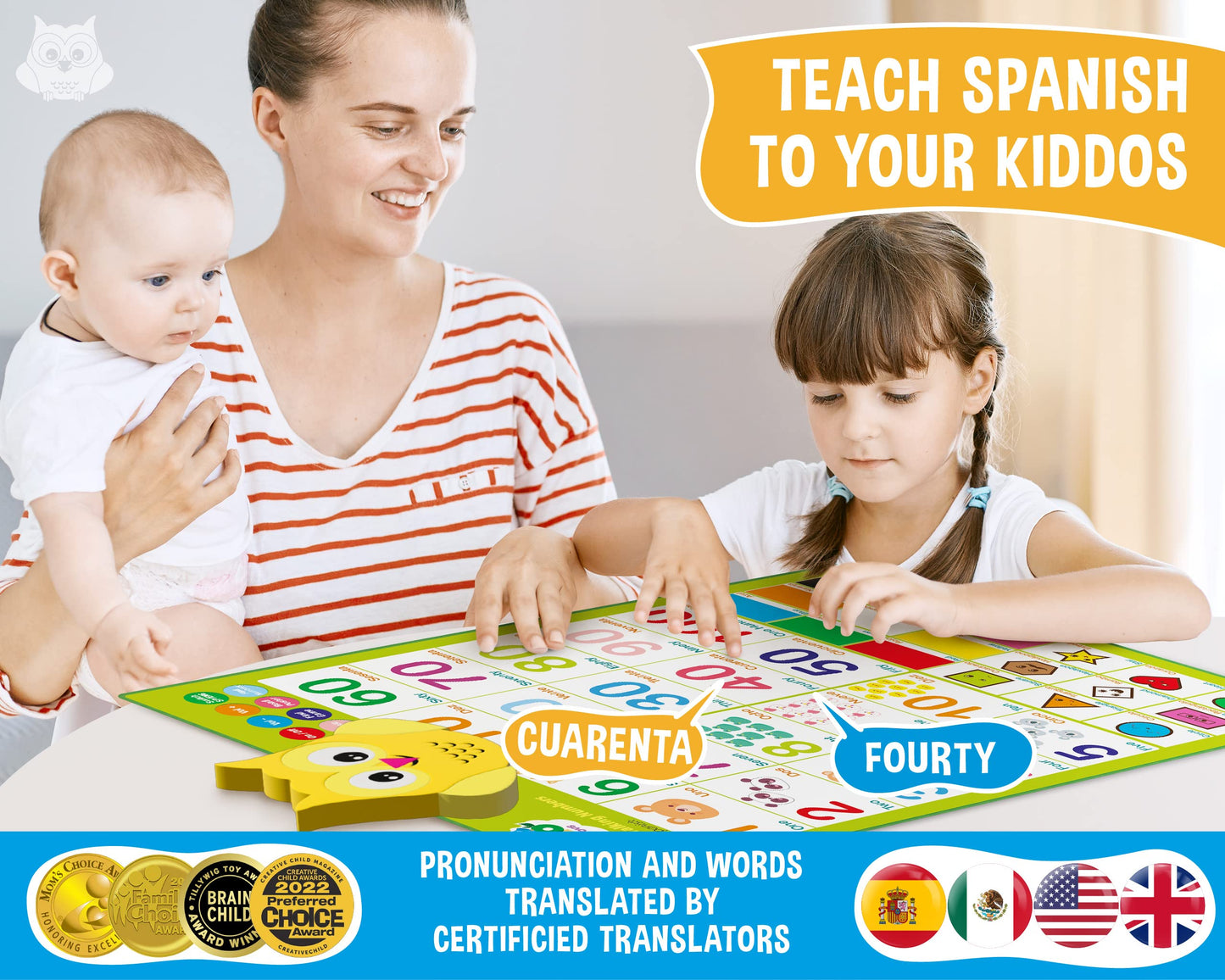 Bilingual Learning Toys - Spanish Toys for Toddlers 1-3, Interactive Number Toys, Numbers for Toddlers - Educational Talking Wall Chart for Kids