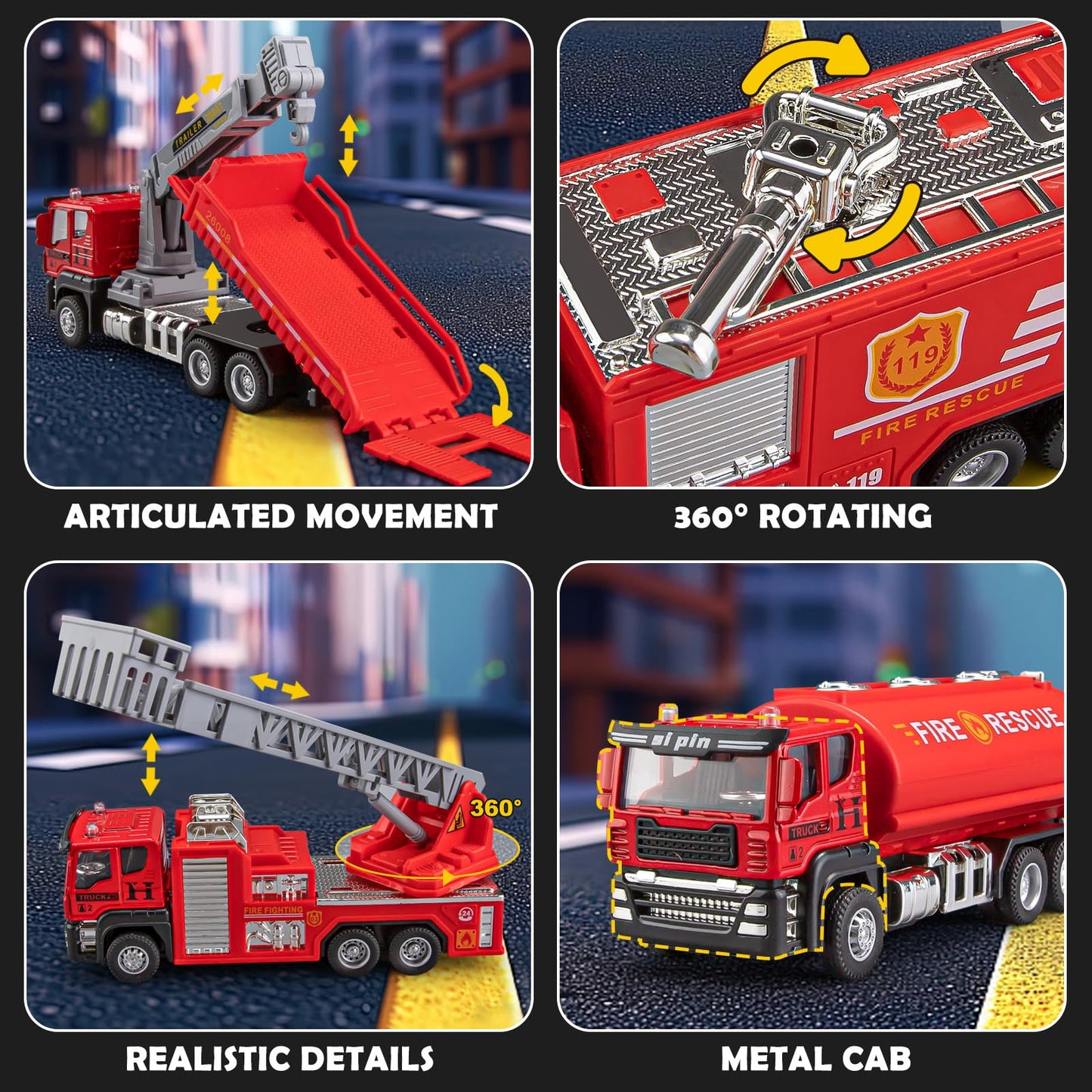 TAKGUD 4 Packs Metal Fire Trucks Playsets, Mini Friction Powered Vehicle, Including Fire Engine, Ladder Truck, Die-cast Tank, Tow, Realistic Design for Toddlers Boys, Kids Aged 3+ Years Old