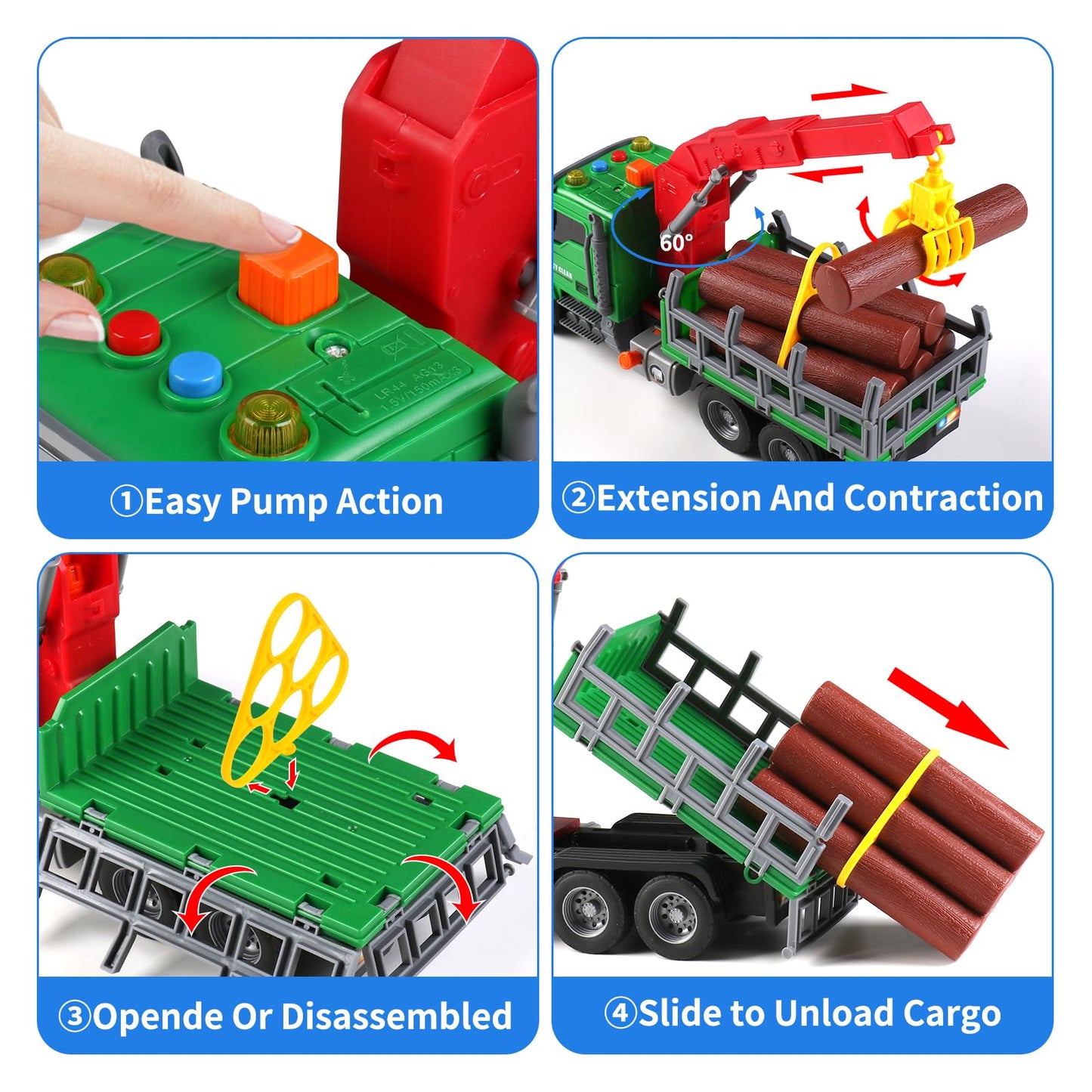 DWIRCTOYS Kids Toys for 3 4 5 6 Year Old Boys,Farm Logging Truck Toy with Loading Crane and 6 Trunks, Lights&Sounds,Friction Powered Truck Kids Birthday Gifts for Boys Girls