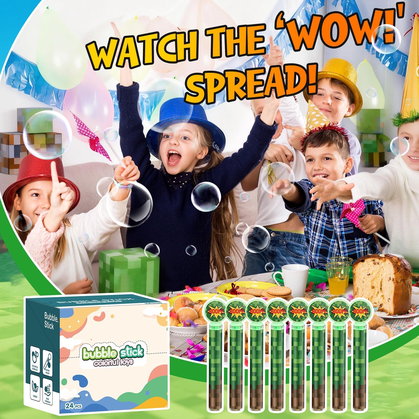 24 Pack Pixel Bubble Wands Bulk for Kids - Themed Birthday Party Favor with Green & Brown Pixel Mini Bubbles, Goodie Bag Stuffers, Classroom Prizes, Summer Outdoor Toys, Graduation Party Favors