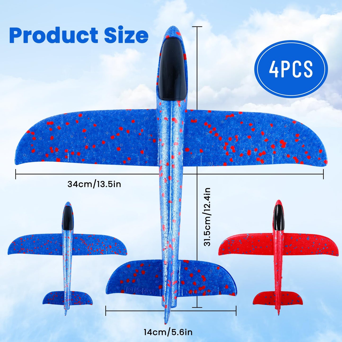 CACASO 4 Pack Foam Airplane Toys,13.5" Hand Throwing Foam Airplanes,Flying Toy for Kids Toddler,Styrofoam Glider Airplanes for Outdoor Sport Games,Birthday Gifts,Party Favors