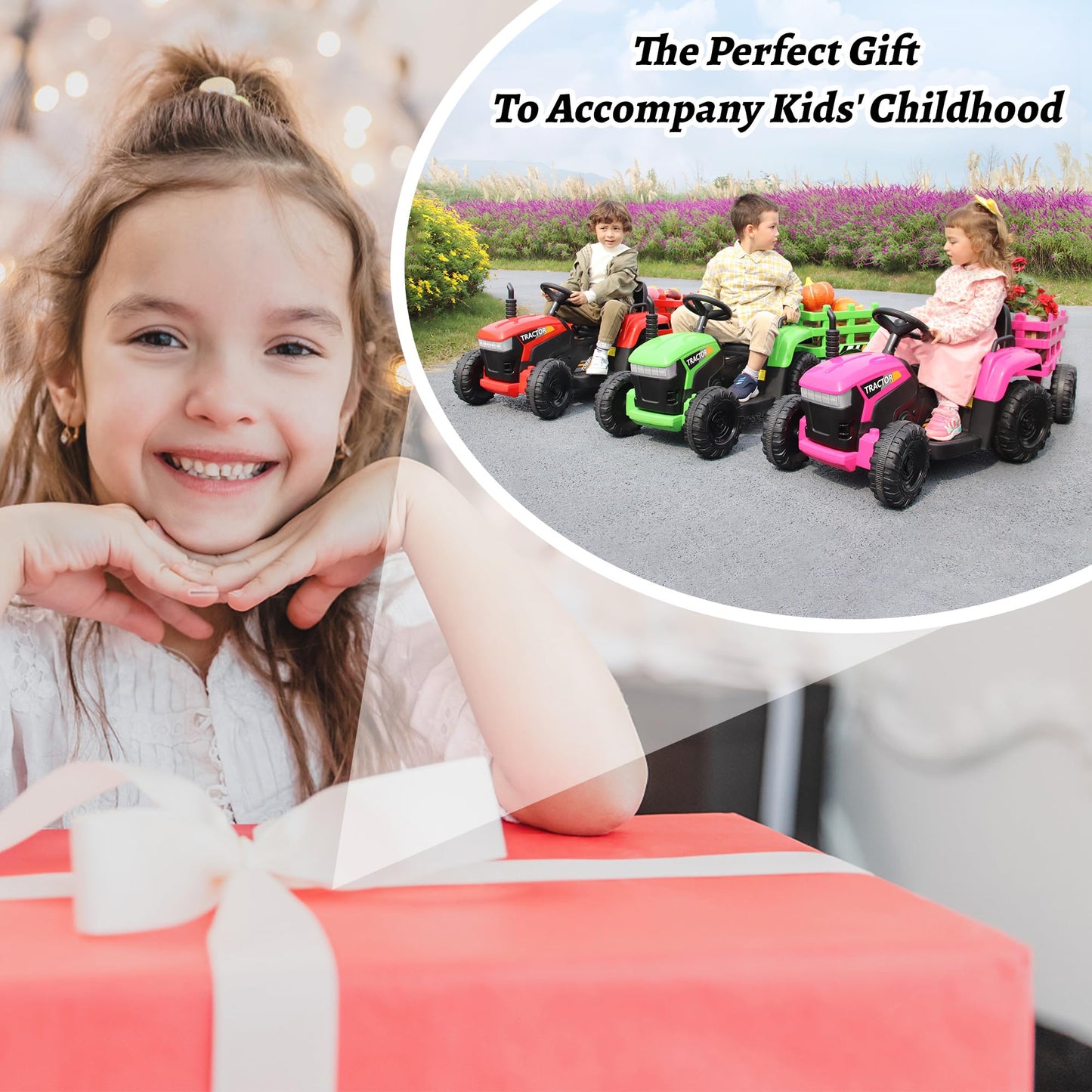 TOBBI Kids Electric Ride On Toy Tractor, Toddlers 12V Battery-Powered Car to Drive, 35W Dual Motor 6-Wheels Trailer Vehicle with 3-Speeds/LED & Horn Functions for Chirdren Aged 3-8-Pink