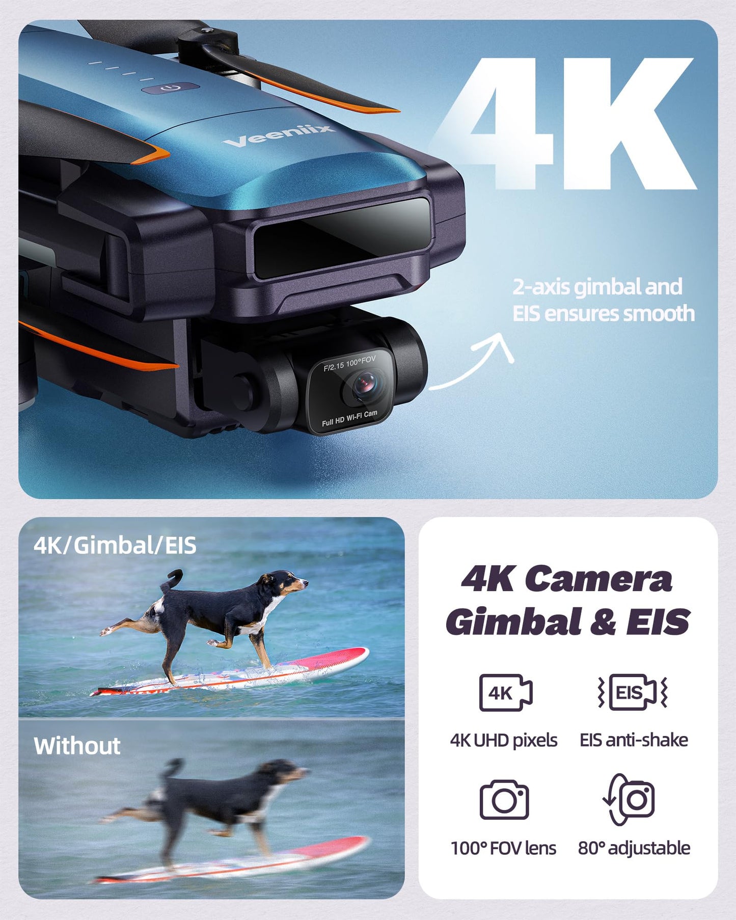 Veeniix Drones with Camera for Adults 4K, 70Min Long Flight Time, Gimbal & EIS 4K/30FPS Professional Drone, 3KM Long Range, GPS Auto Return, Easy App-Controlled, Integrated FAA Remote ID