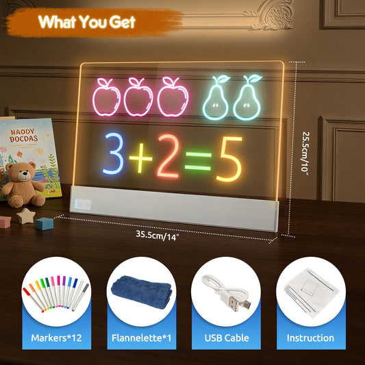 LED Note Board,15.5 Inch Rechargeable LED Drawing Board for Kids, 7 Colors Acrylic Dry Erase Board with Light, Stand and 12 Markers for Home, Office, Birthday and Christmas