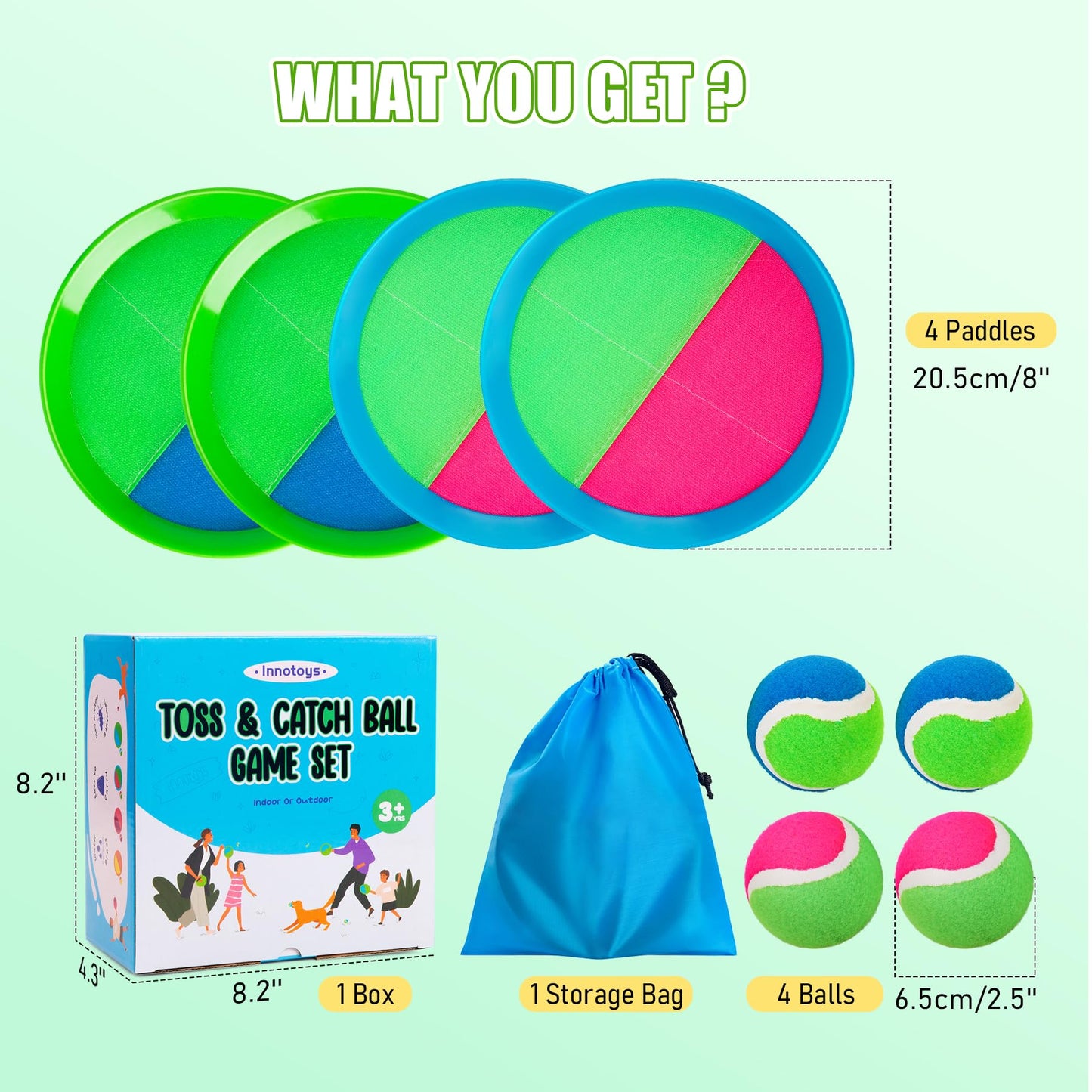 Innotoys Toss and Catch Ball Game Set, 4 Paddles and 4 Balls Outdoor Paddle Catch Game for Kids, Backyard Beach Pool Yard Toy, Summer Birthday Gift for Boys Girls Ages 4-12