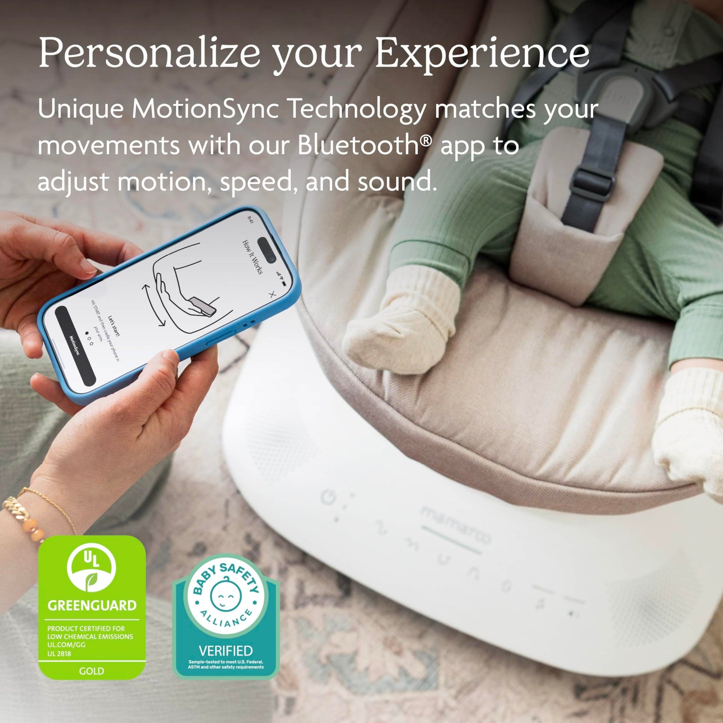 UPPAbaby Mamaroo Smart Swing – Customizable Soothing Modes with MotionSync Technology – Infant Recline + Bluetooth Enabled – Included Newborn Insert – Charlie (Sand Mélange)