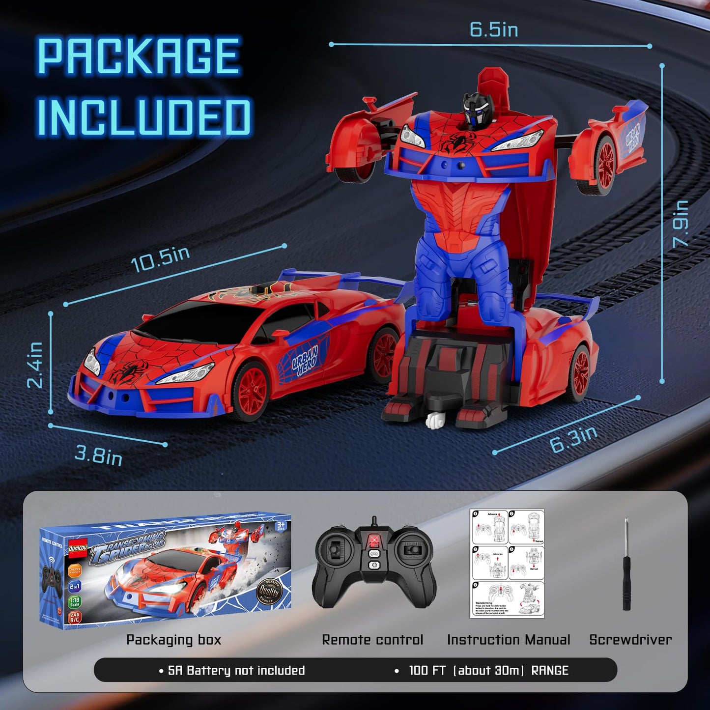 Qumcou Spider Toys for Boys 4-6, Remote Control Car, One-Button Transform Superhero Toys, 2.4Ghz RC Cars, 360° Spin,1:16 Scale, Shinning Red and Blue Light, Birthday Gifts for Boys, Boy Toys Age 6-8