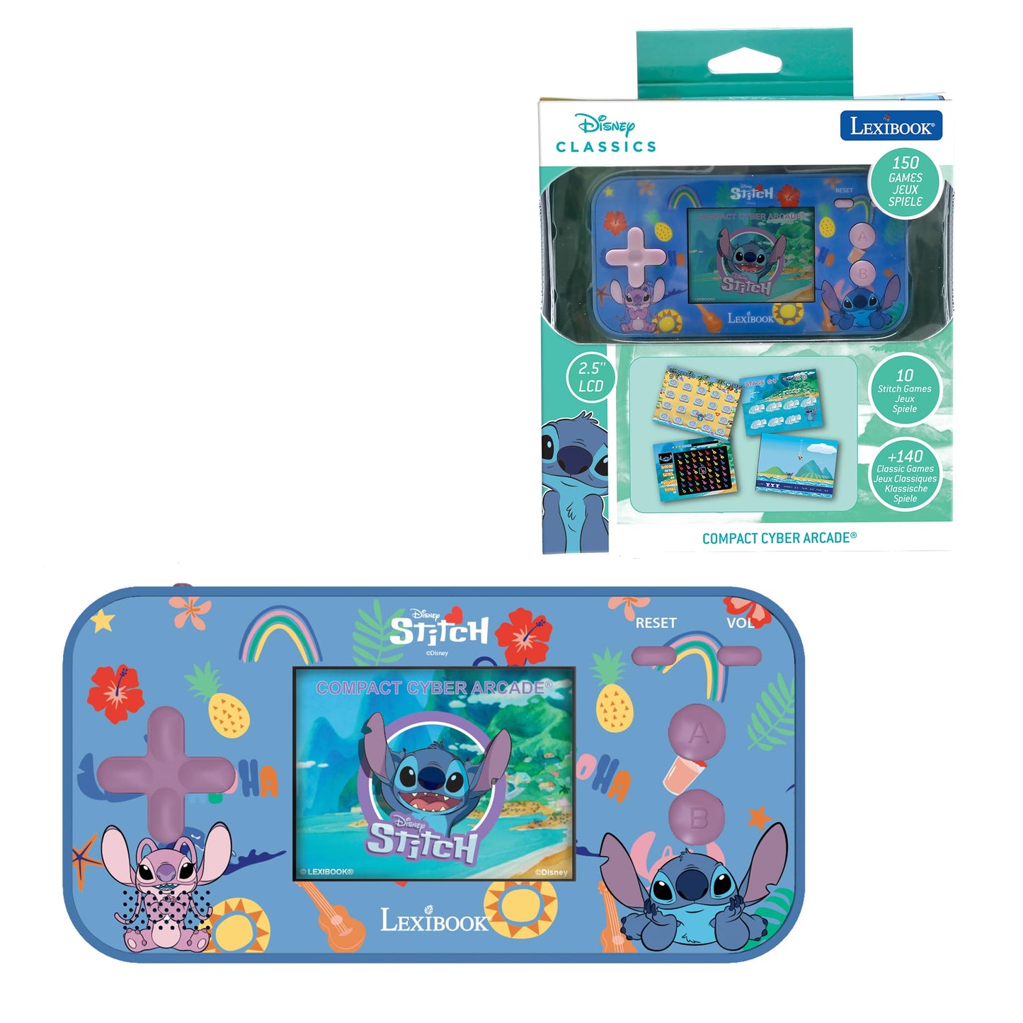 Lexibook - Disney Stitch - Compact Portable Cyber Arcade Console, 150 Games, LCD Colour Screen, Battery-Powered, JL2367D