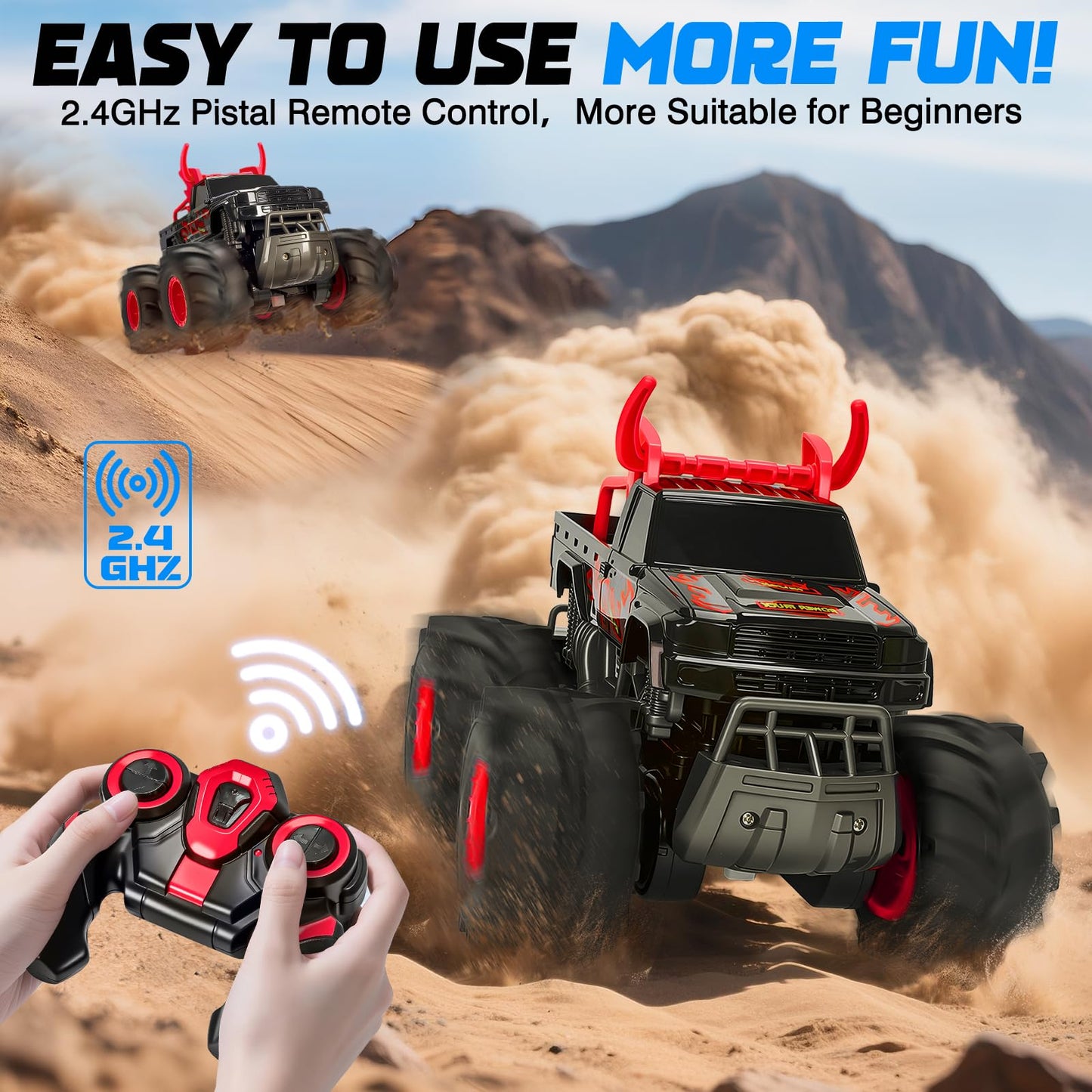 1:16 Waterproof Monster Truck Toys RC Cars, 2.4GHz Remote Control Truck for Kids Boy Ages 8,9,10,11,12 Years Old, 4WD All Terrain Off-Road with LED Lights RC Boat for Boy Girl Birthday Gift - Red