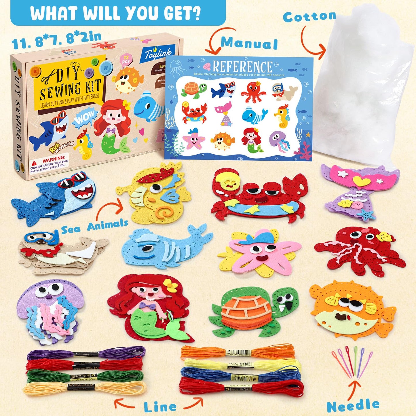 Toylink Ocean Sewing Kit for Kids Beginners, 12-in-1 Sew Your Own Felt Craft Kit for Kids Girls Boys 6-8, 8-12, Fun and Educational Girls Birthday Gift Ideas