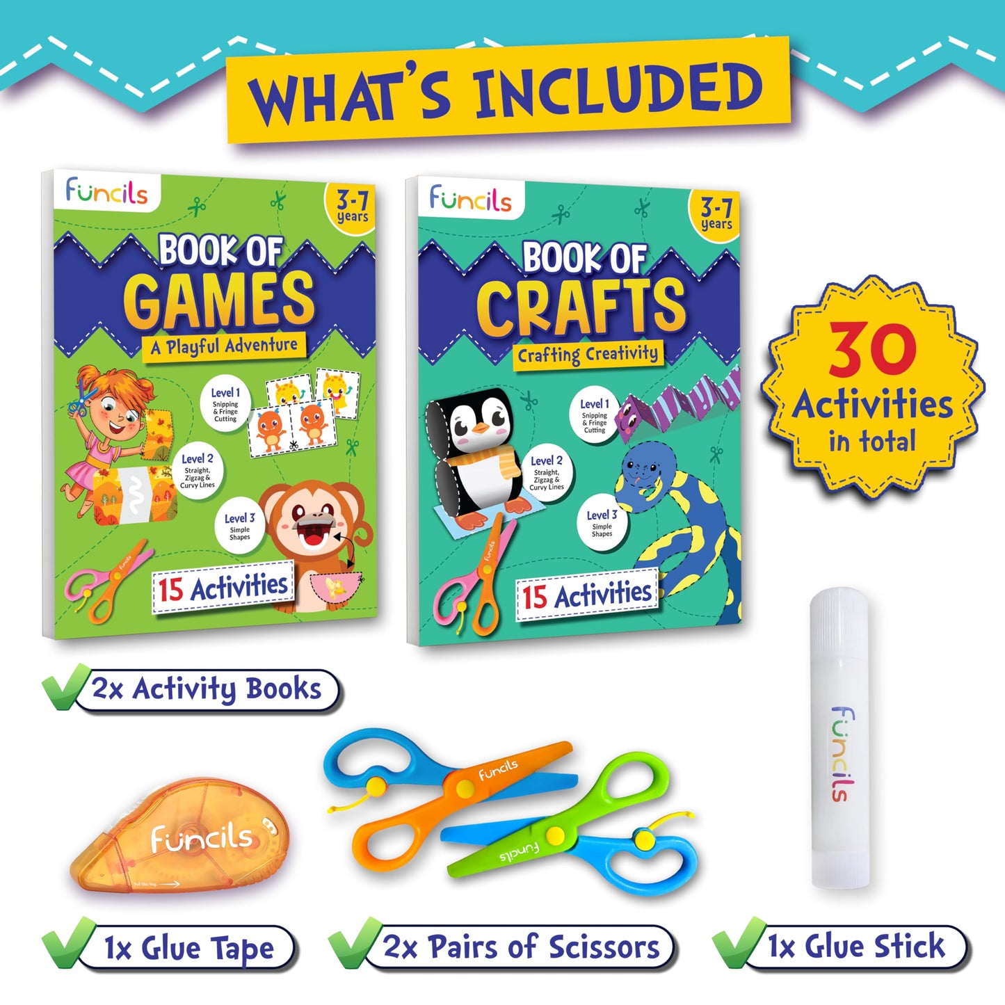 Funcils Toddler Scissor Skills - Art Supplies & Crafts Kit for Kids, Safety Scissors, Fine Motor Toys, Montessori Gifts for Boys & Girls Ages 3, 4, 5, 6, 7 Year Old, Preschool Learning Activity Books