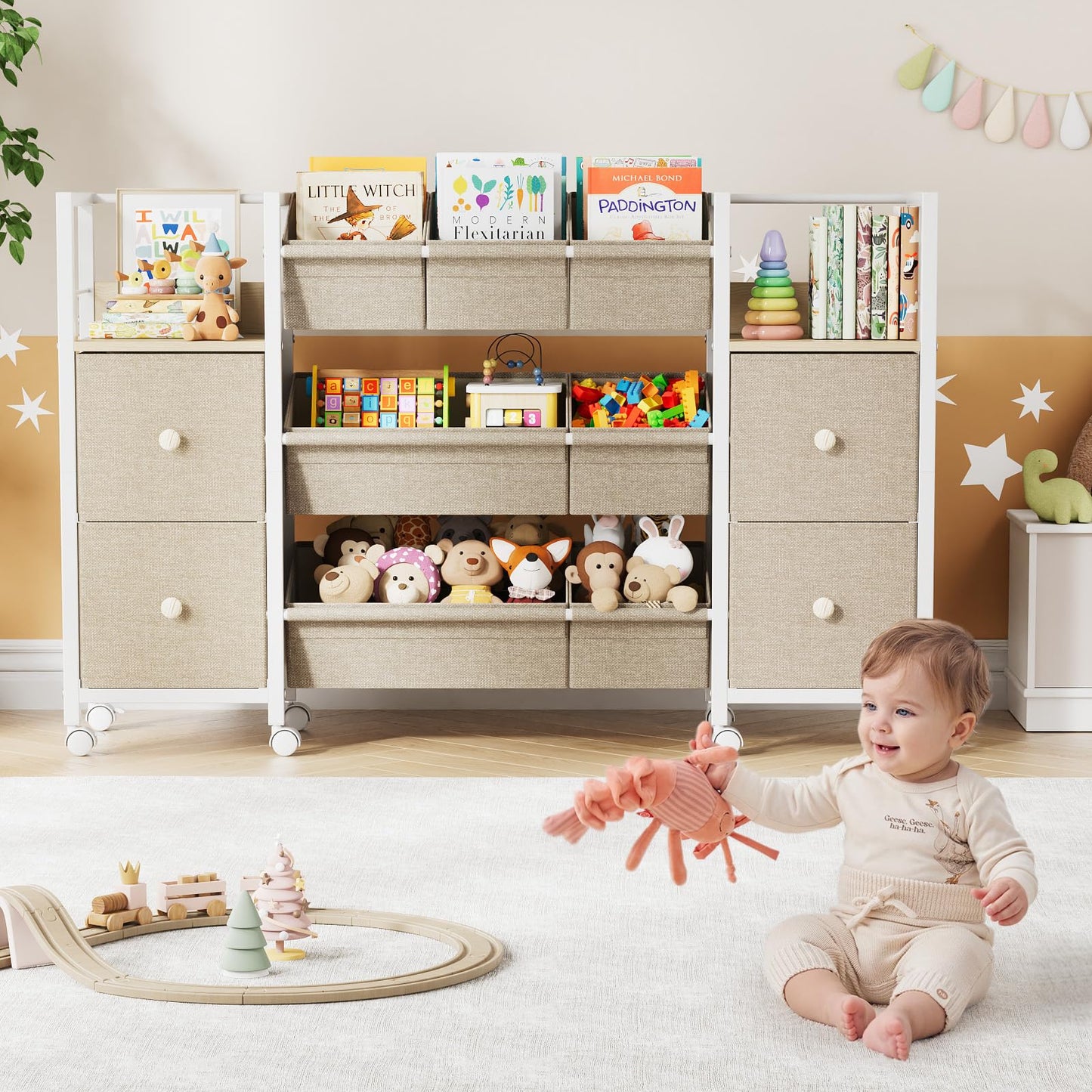 Kids Toy Organizers and Storage Bins - 7 Storage Bins + 4 Fabric Drawers + 2 Bookshelf, Playroom Storage, Mobile Cart Organizer for Toy, Clothes, Blankets and Books - Off White
