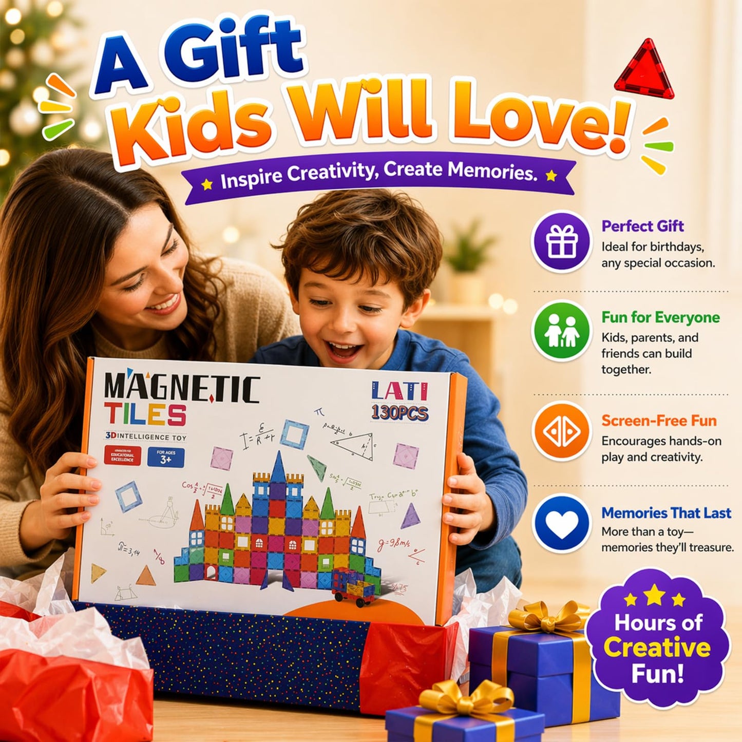 LATI 130-Piece Magnetic Tiles Building Toy Large Set for Kids,Magnetic Building Blocks Construction Set,Open-Ended Play STEM Educational Toy,Compatible with Other Brands,Gift for Boys & Girls Ages 3–8