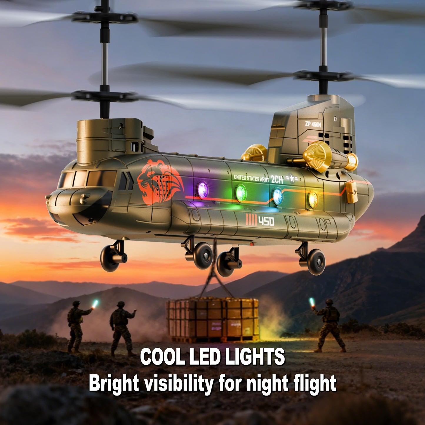 XIKOTEC Remote Control Helicopter, RC Helicopters with Altitude Hold, One Key take Off/Landing, LED Light, Low Battery Reminder, Military Transport Army Helicopter Toys for Kids and Military Fans