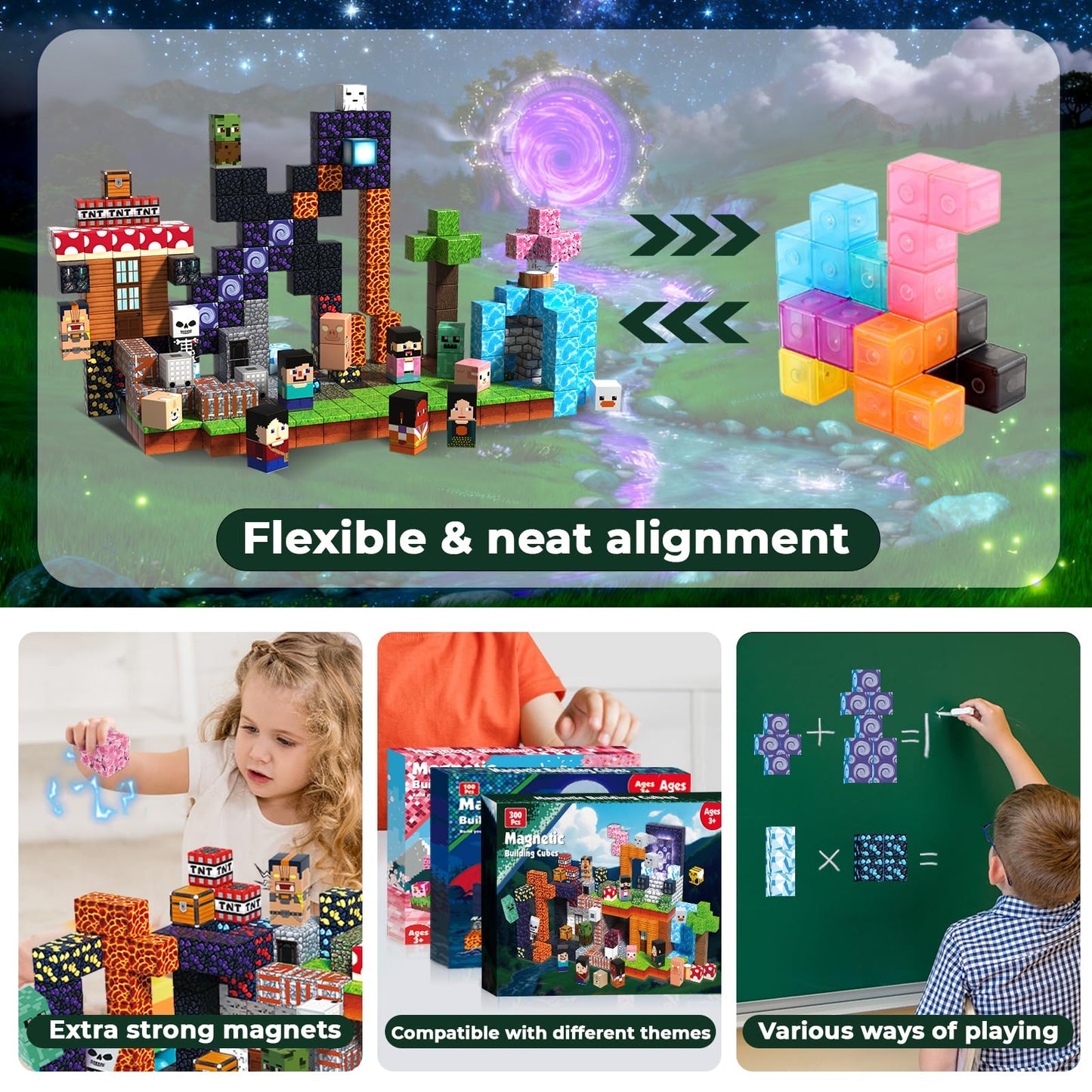 300PCS Magnetic Blocks - Magnet Building Blocks, Stacking Magents Cubes Toys Adventure Set Theme, STEM Montessori Sensory Toys for Kids Boys and Girls Ages 3 4 5 6 7 8 9 10 Easter Birthday Gifts