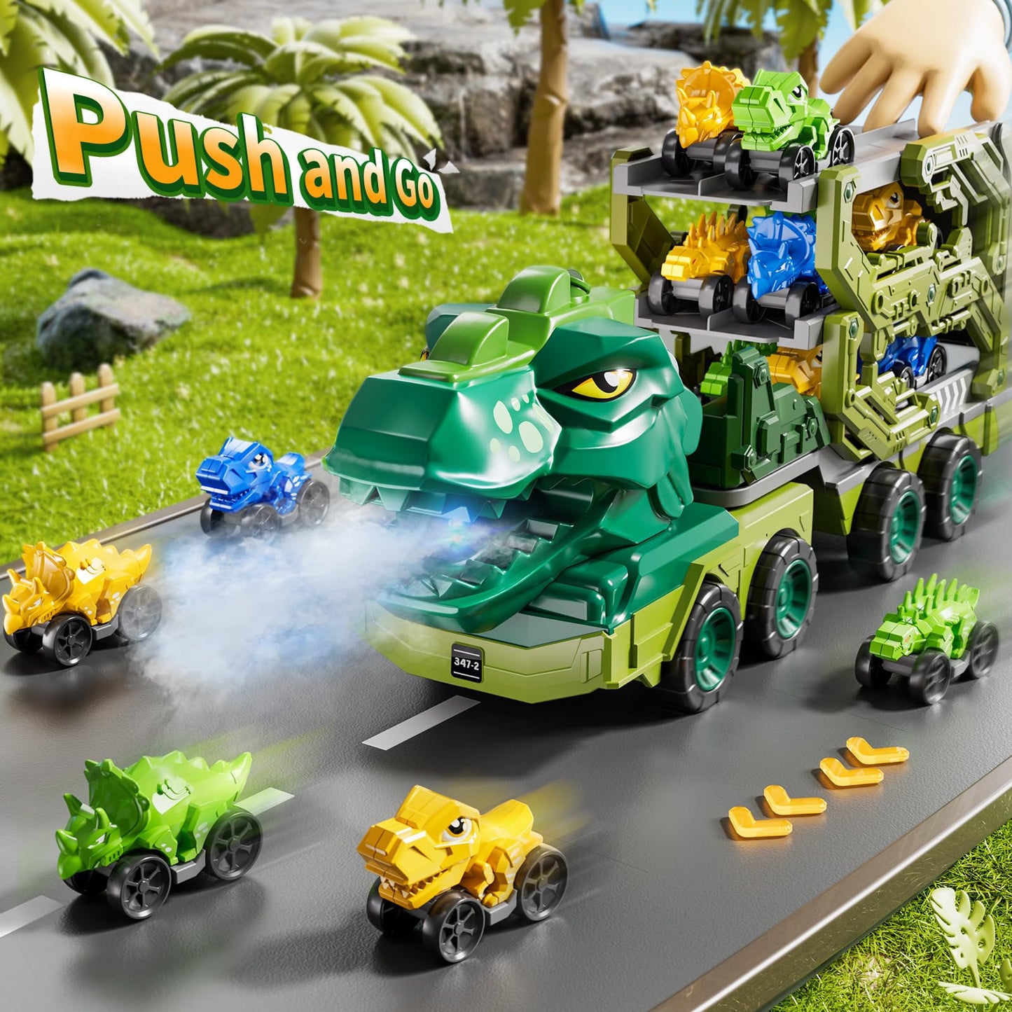 DULONIME 10 in 1 Dinosaur Truck Toys for Kids Aged 3-5 4-8 with Foldable Race Track, Carrier Truck with 9 Dinosaur Toy Car for Boys, Spraying, Light and Sound, Birthday Gifts for Girls Toddlers 5-7