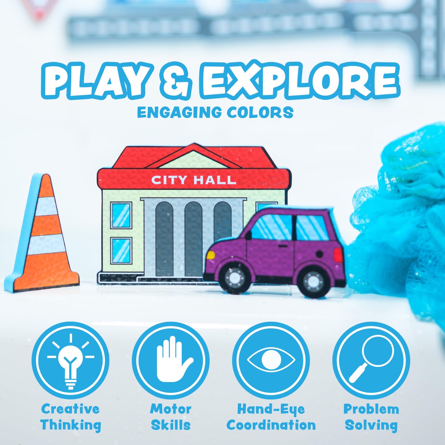 Tub Works® Tub City™ Stick, Build & Drive Toddler Bath Toy | 52 Foam Bath Stickers | Build a City with Roads, Buildings, Signs & Cars | Float & Stick to Tub Walls | Creative Bathtub Toys for Kids Bath