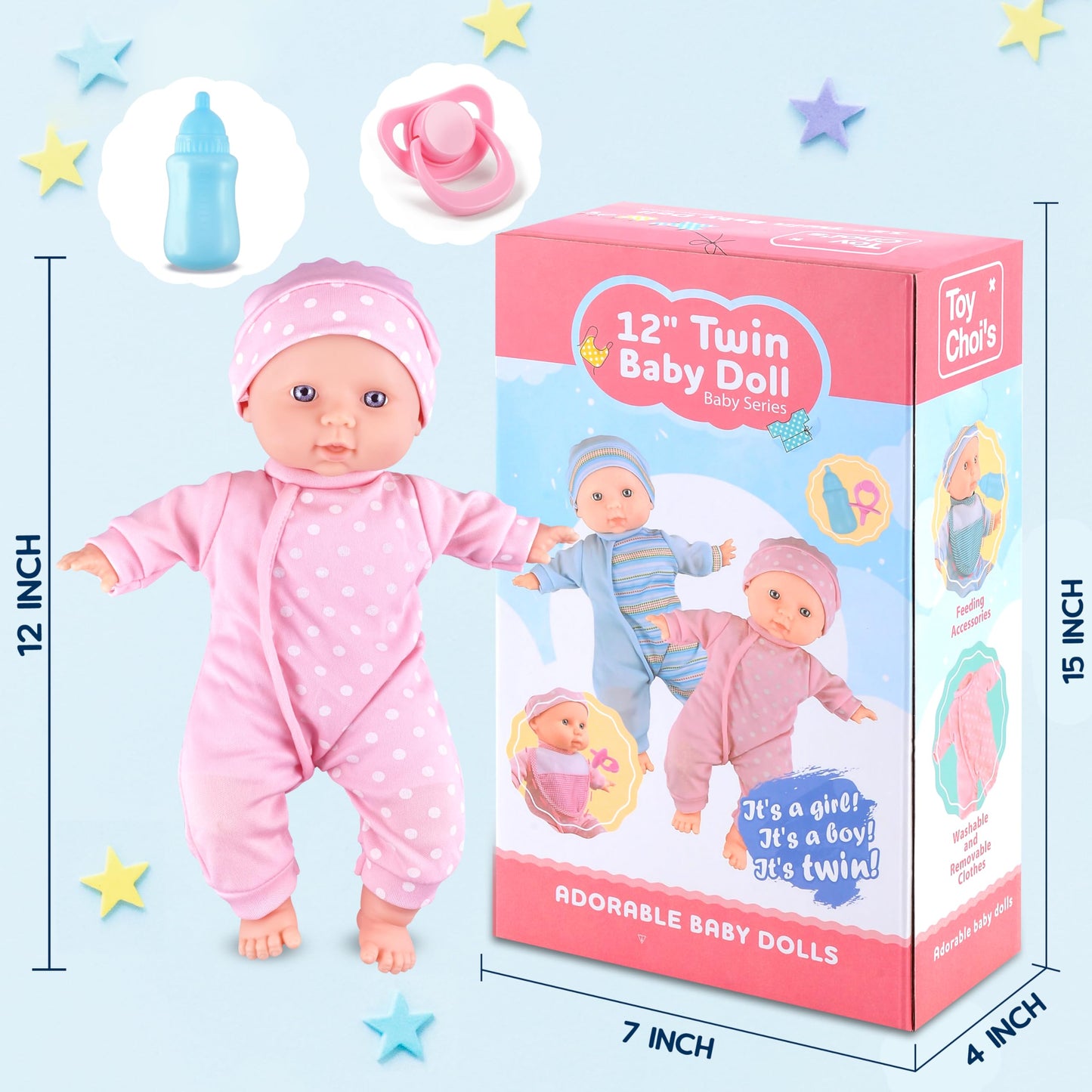 Toy Choi's Twin Baby Dolls 12 inch Soft Body 2 Dolls Playset with Rompers, Hat, Pacifier and Doll Bibs, Gifts for 1 2 3 4 5 Year Old Boys Girls, Toddlers and Kids