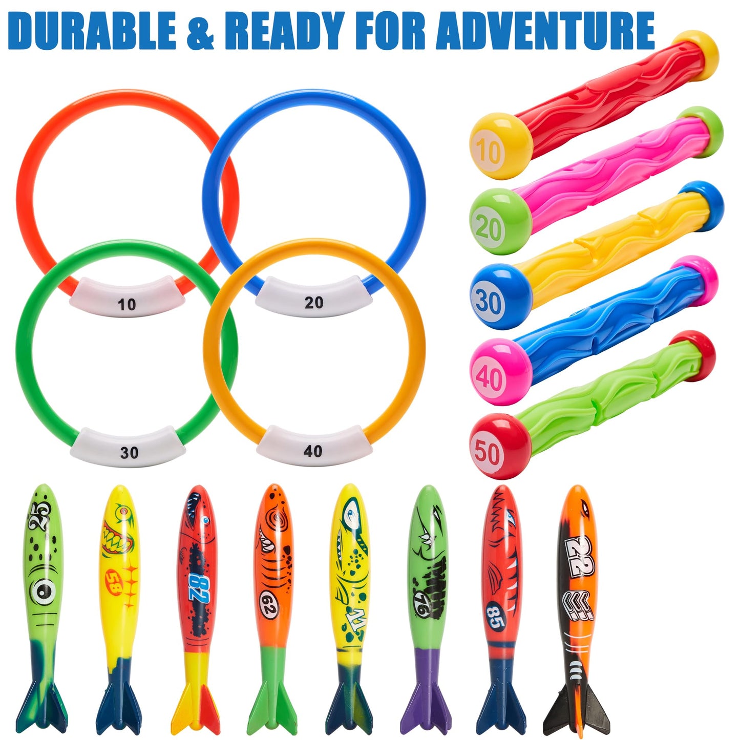 PARENTSWELL 17 Pcs Pool Diving Toys for Kids Adults, Swimming Pool Toy Set Includes 8 Dive Torpedos, 5 Diving Sticks & 4 Diving Rings for Swim Pool Games, Water Fun Games