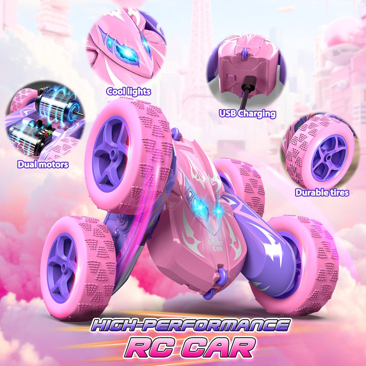 Excitobo Remote Control Car,RC Cars for 4 5 6 7 8 9 10 11 12 Year Old Girl Double Sided 360°Flip 4WD Rechargeable Drift RC Race Car Girls Toys Birthday Gifts Easter Basket Stuffers for Kids Age 4-12