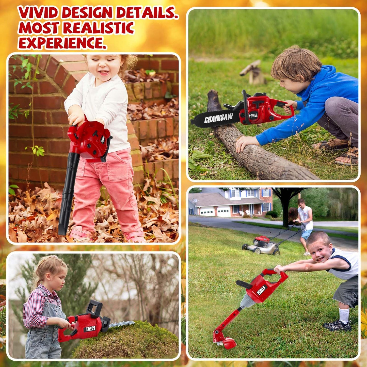 Arrowbash 4 Pcs Toy Gardening Tool Set for Kids Toy Leaf Blower Chainsaw Weed Trimmer Hedge Trimmer Battery Play Set Summer Birthday Party Gift for Boys Girls