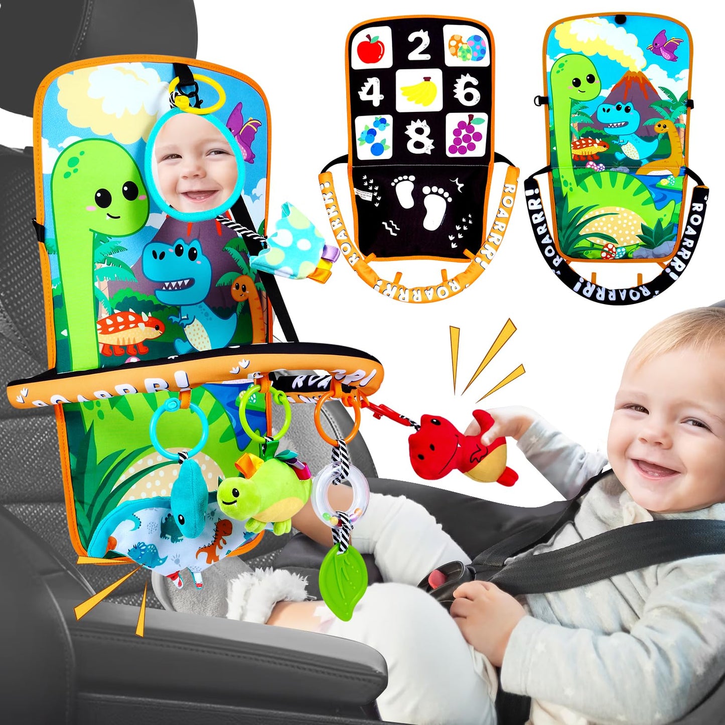 Innofans Baby Car Seat Dinosaurs Toys - Kick and Play Double Sided Infant Car Seat Toys with Plush Toys, Mirror, Teether for Baby, Babys Travel Activities, Christmas Birthday Gifts Newborn Infant Toys