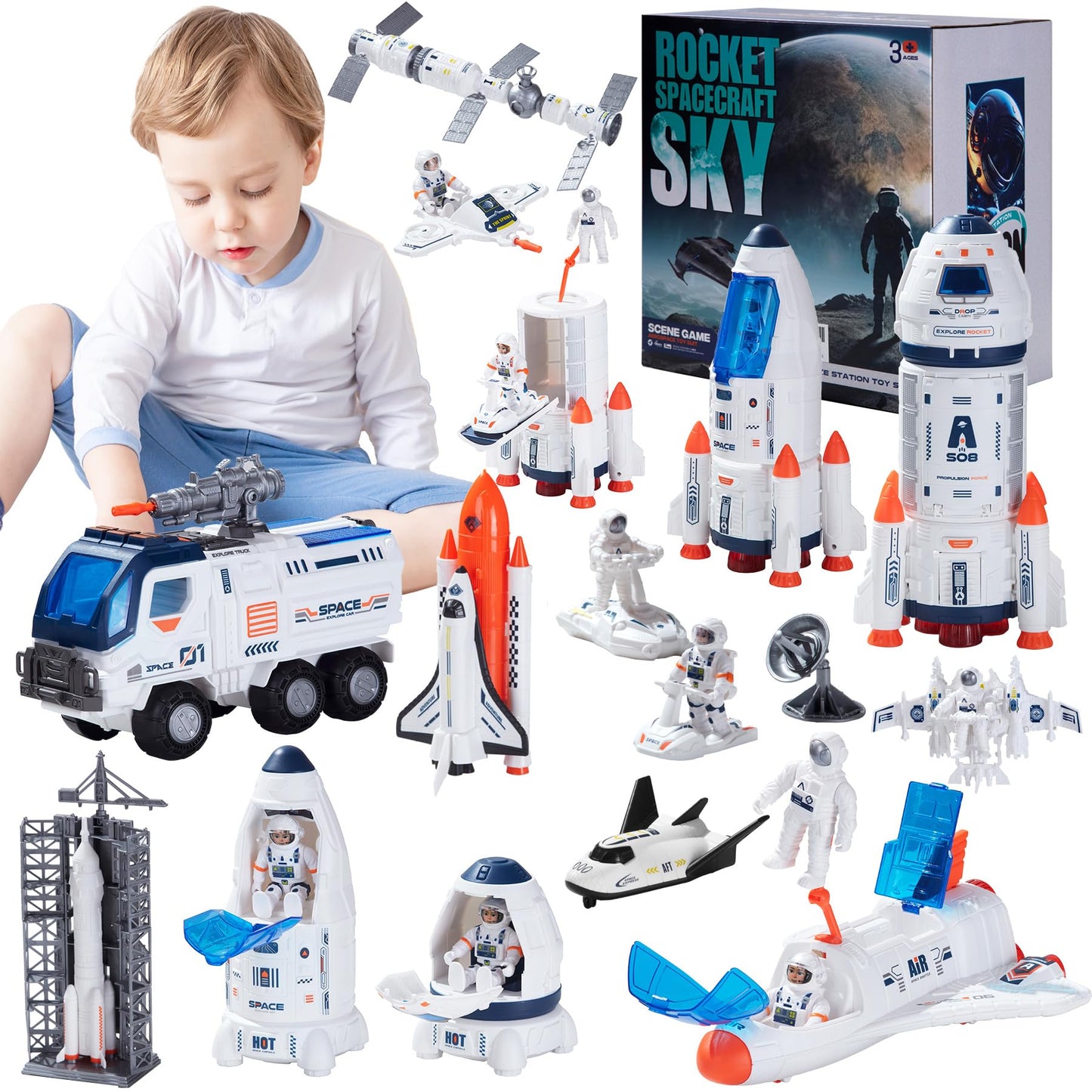 Wbzle Large Space Exploration Astronaut Kids Toy, Rocket & Shuttle with Light/Sound & Spray Effects, Outer Space Playset Series