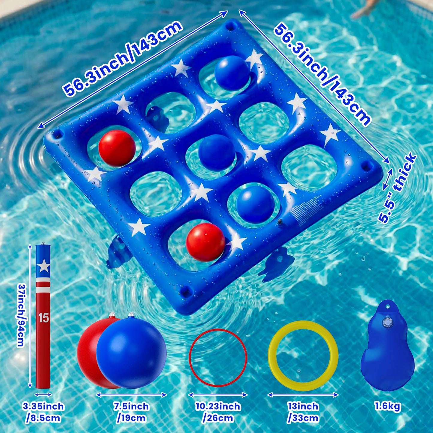 Pool Party Toys Games Set - Giant Inflatable Tic Tac Toe Float Game, Outdoor Pool Games for Adults Kids Family Pool Toys for 2-10 Players, Fun Swimming Beach Yard Activities with 10 Balls for Ages 6+